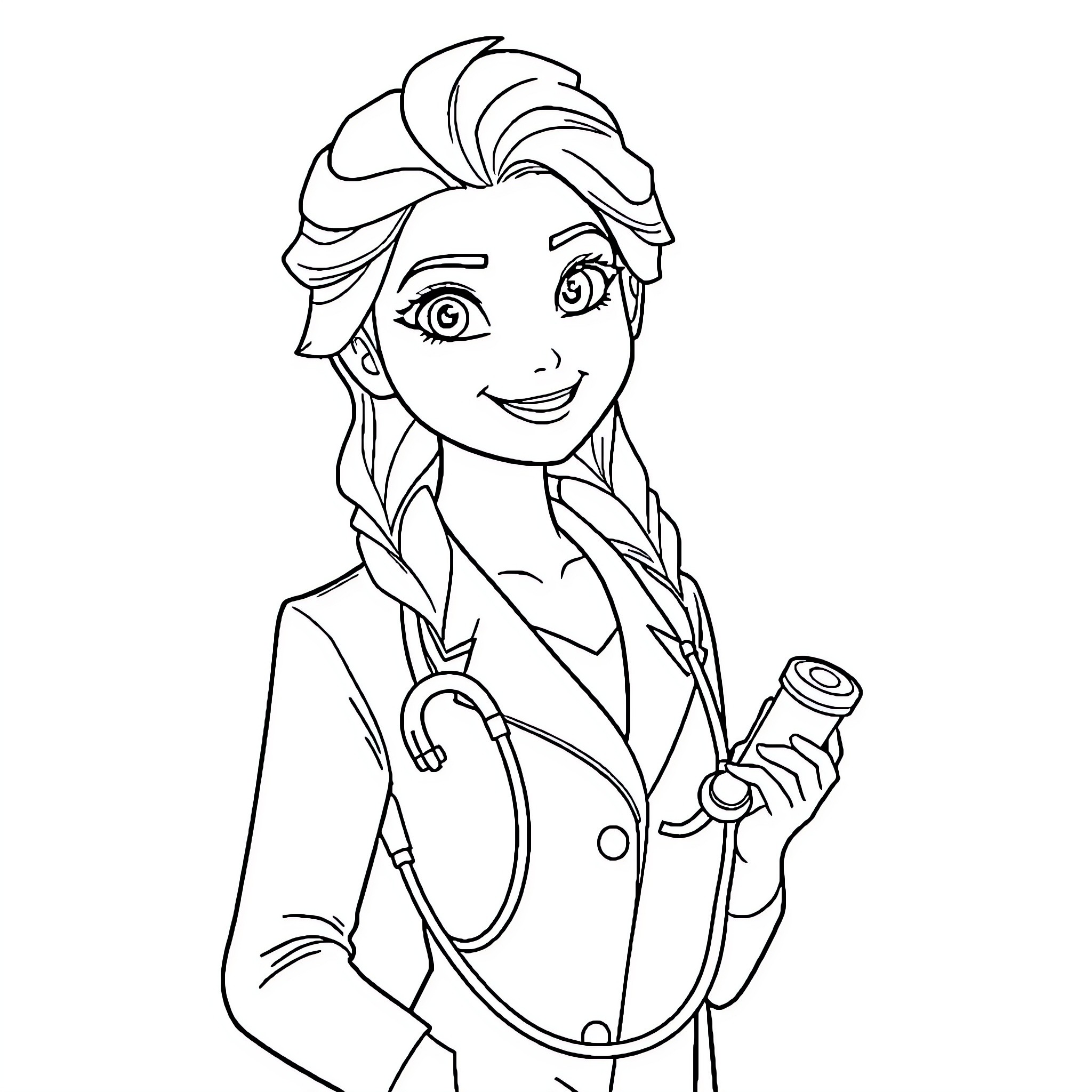 Elsa dressed as a doctor with medical supplies Coloring Page (free black-and-white line drawing printable PDF for all, from beginners to advanced learners, including children, teens, adults, and seniors)