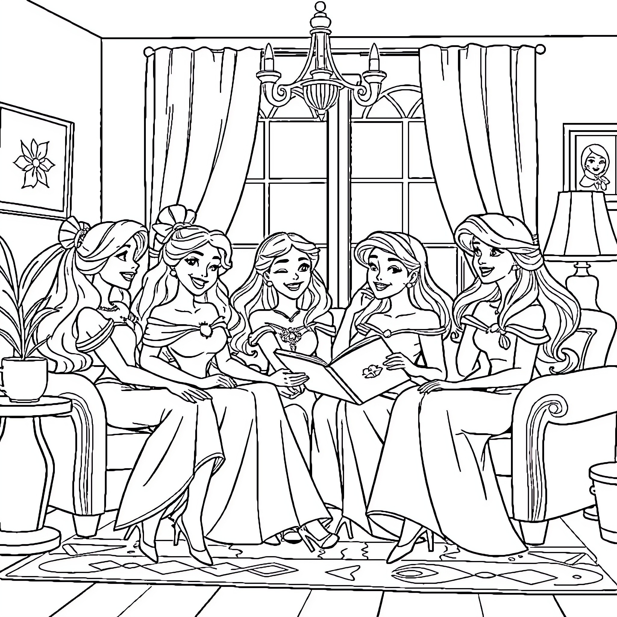 Princess Gathering: Friends Enjoying a Cozy Conversation Coloring Page (free black-and-white line drawing printable PDF for all, from beginners to advanced learners, including children, teens, adults, and seniors)