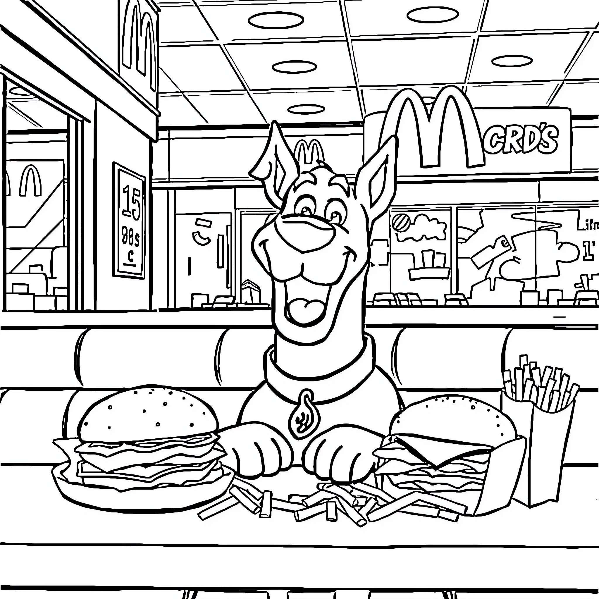 Scooby Doo enjoying fast food at the local diner Coloring Page (free black-and-white line drawing printable PDF for all, from beginners to advanced learners, including children, teens, adults, and seniors)