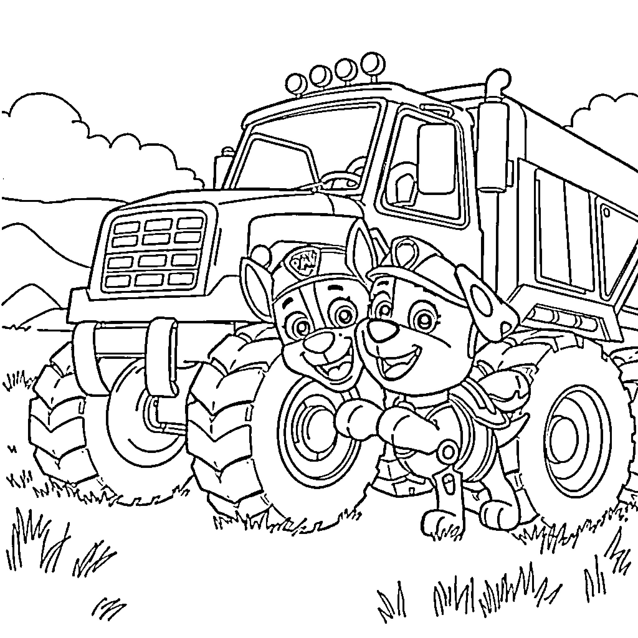 Bluey's Playful Adventure with the Tractor Coloring Page (free black-and-white line drawing printable PDF for all, from beginners to advanced learners, including children, teens, adults, and seniors)