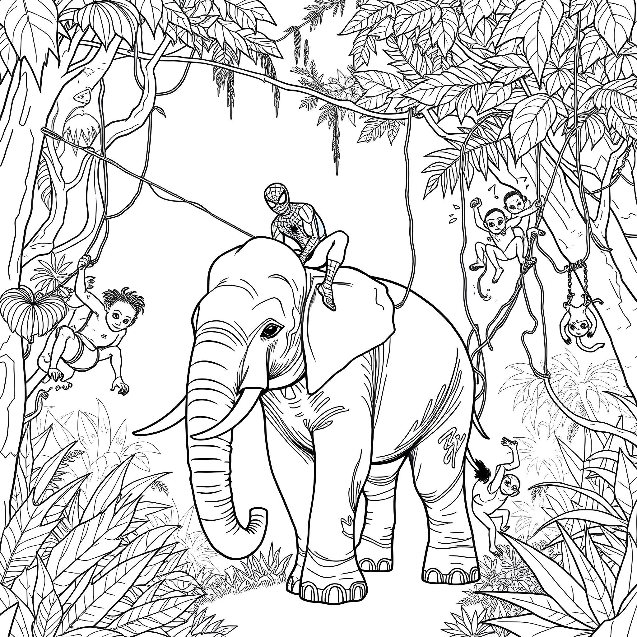Spider-Man swinging through the jungle with friends Coloring Page (free black-and-white line drawing printable PDF for all, from beginners to advanced learners, including children, teens, adults, and seniors)