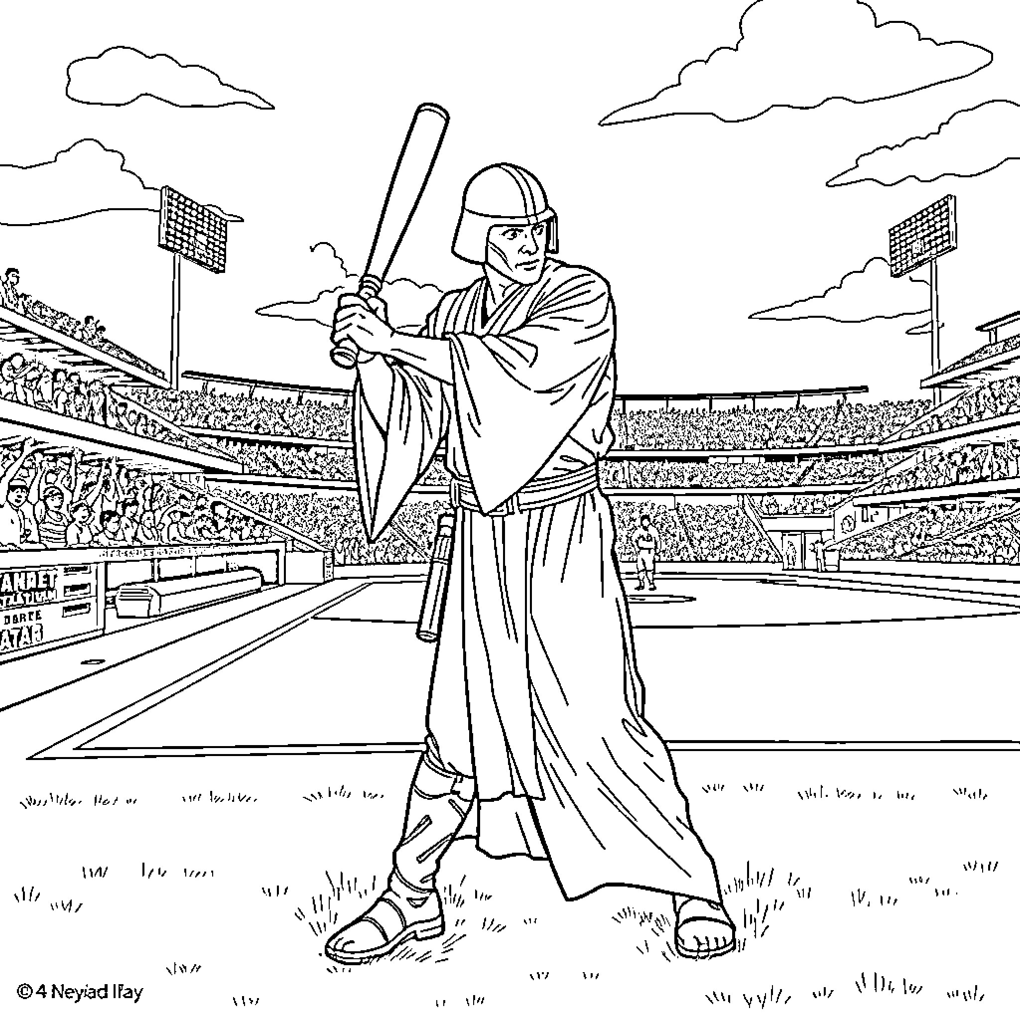 Jedi Warrior in Galactic Baseball Stadium Coloring Page (free black-and-white line drawing printable PDF for all, from beginners to advanced learners, including children, teens, adults, and seniors)
