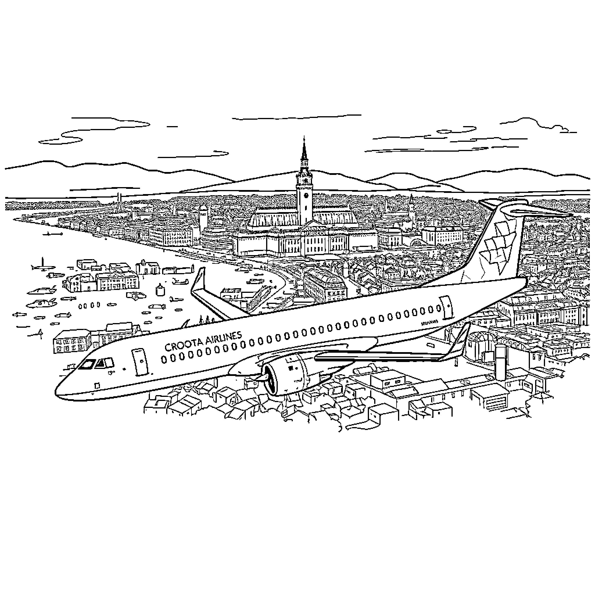 Airplane flying over a cityscape Coloring Page (free black-and-white line drawing printable PDF for all, from beginners to advanced learners, including children, teens, adults, and seniors)