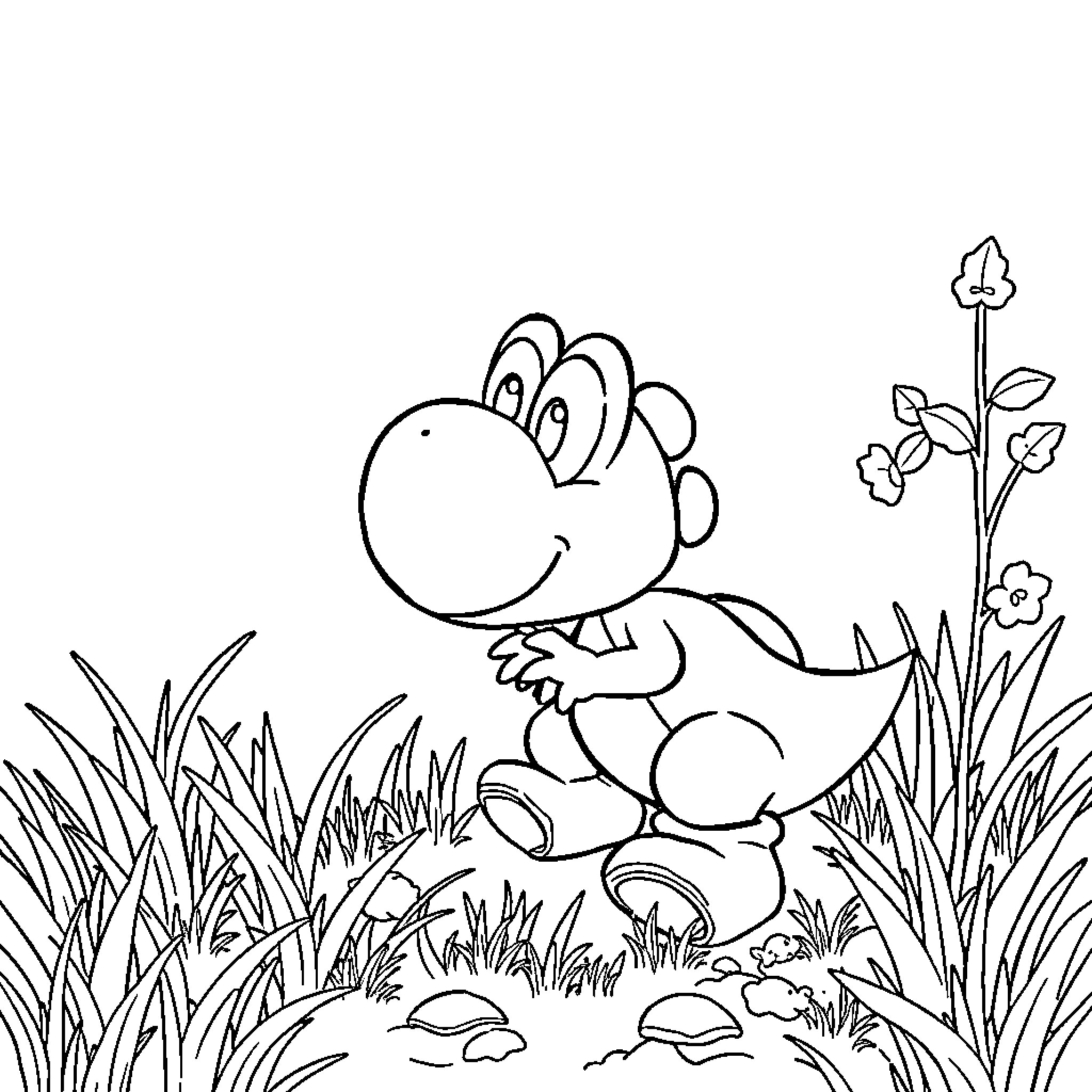Yoshi walking happily through a grassy field Coloring Page (free black-and-white line drawing printable PDF for all, from beginners to advanced learners, including children, teens, adults, and seniors)