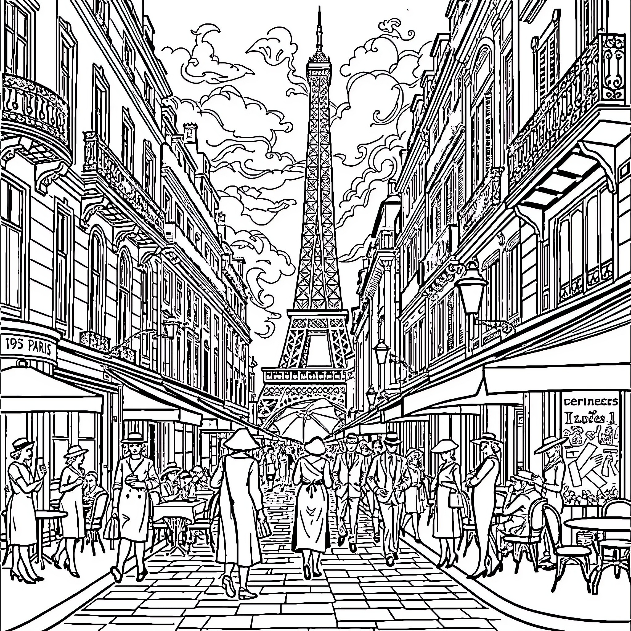 Paris street scene with Eiffel Tower in the distance Coloring Page (free black-and-white line drawing printable PDF for all, from beginners to advanced learners, including children, teens, adults, and seniors)