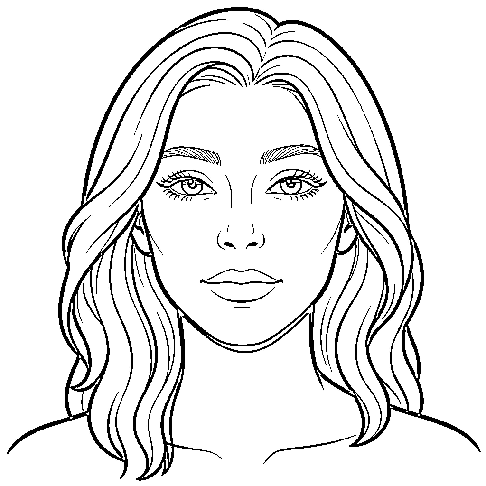 Female Face with long wavy hair and calm expression Coloring Page (free black-and-white line drawing printable PDF for all, from beginners to advanced learners, including children, teens, adults, and seniors)