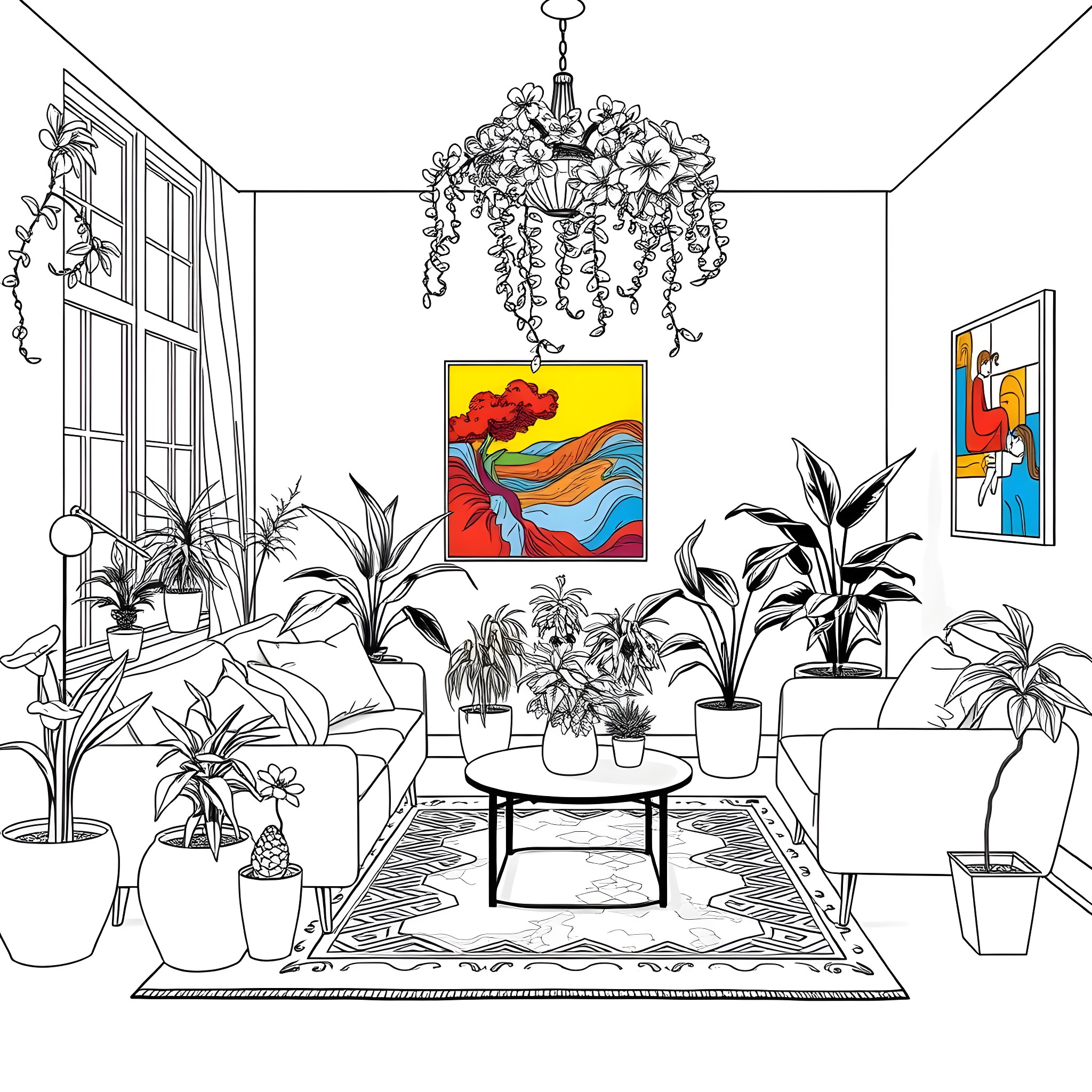 Plant decorations in cozy home interior Coloring Page (free black-and-white line drawing printable PDF for all, from beginners to advanced learners, including children, teens, adults, and seniors)