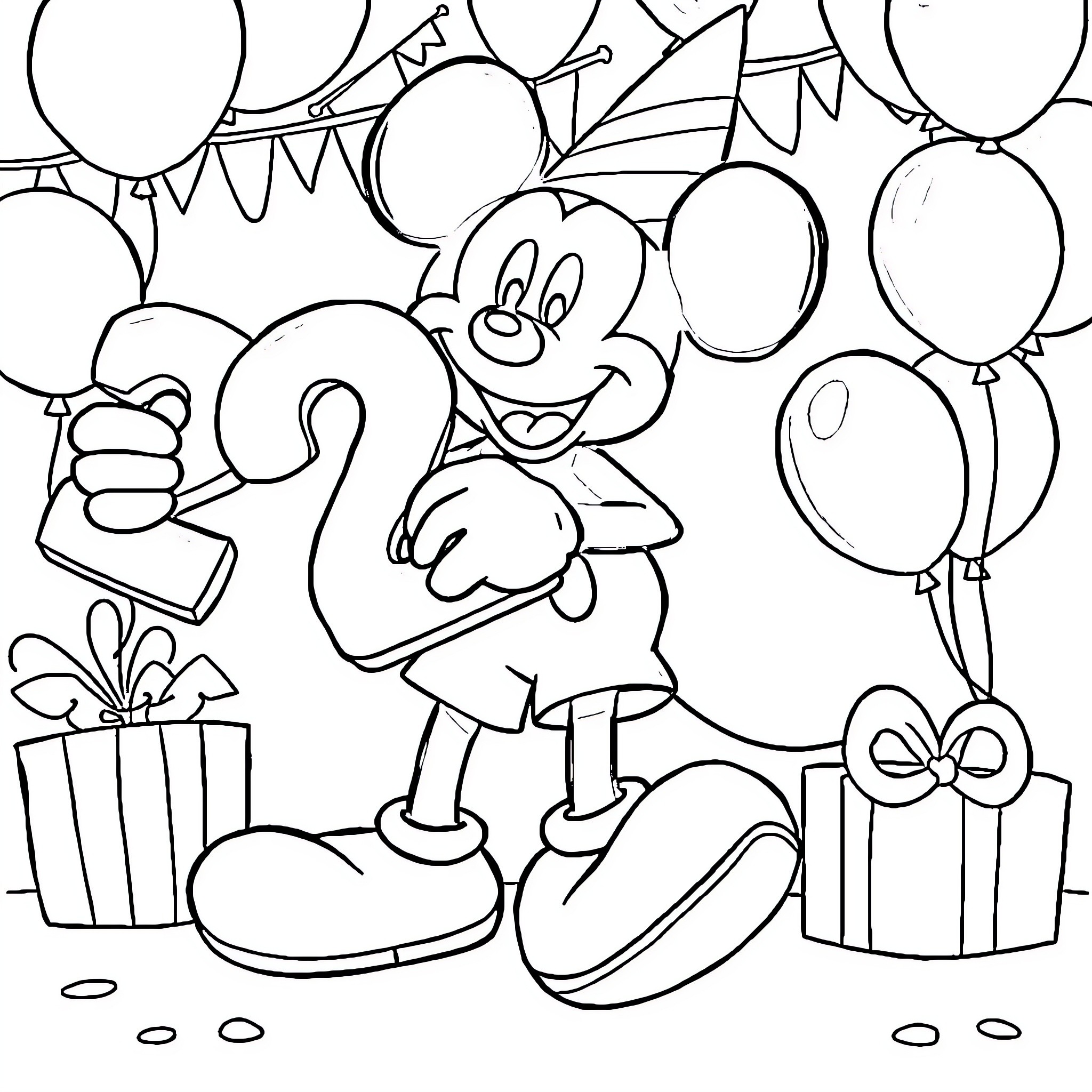 Mickey Mouse Celebrating with Balloons and Gifts Coloring Page (free black-and-white line drawing printable PDF for all, from beginners to advanced learners, including children, teens, adults, and seniors)