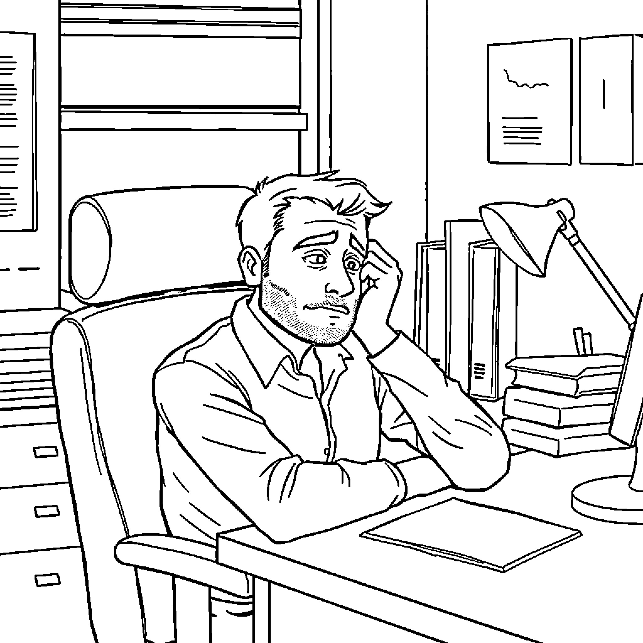 Man contemplating at his desk in the office Coloring Page (free black-and-white line drawing printable PDF for all, from beginners to advanced learners, including children, teens, adults, and seniors)
