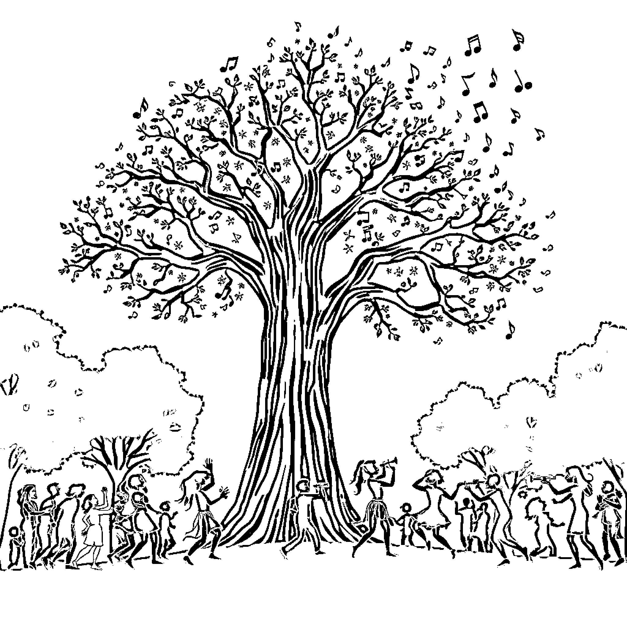 Tree of Music Surrounded by Dancing Figures Coloring Page (free black-and-white line drawing printable PDF for all, from beginners to advanced learners, including children, teens, adults, and seniors)