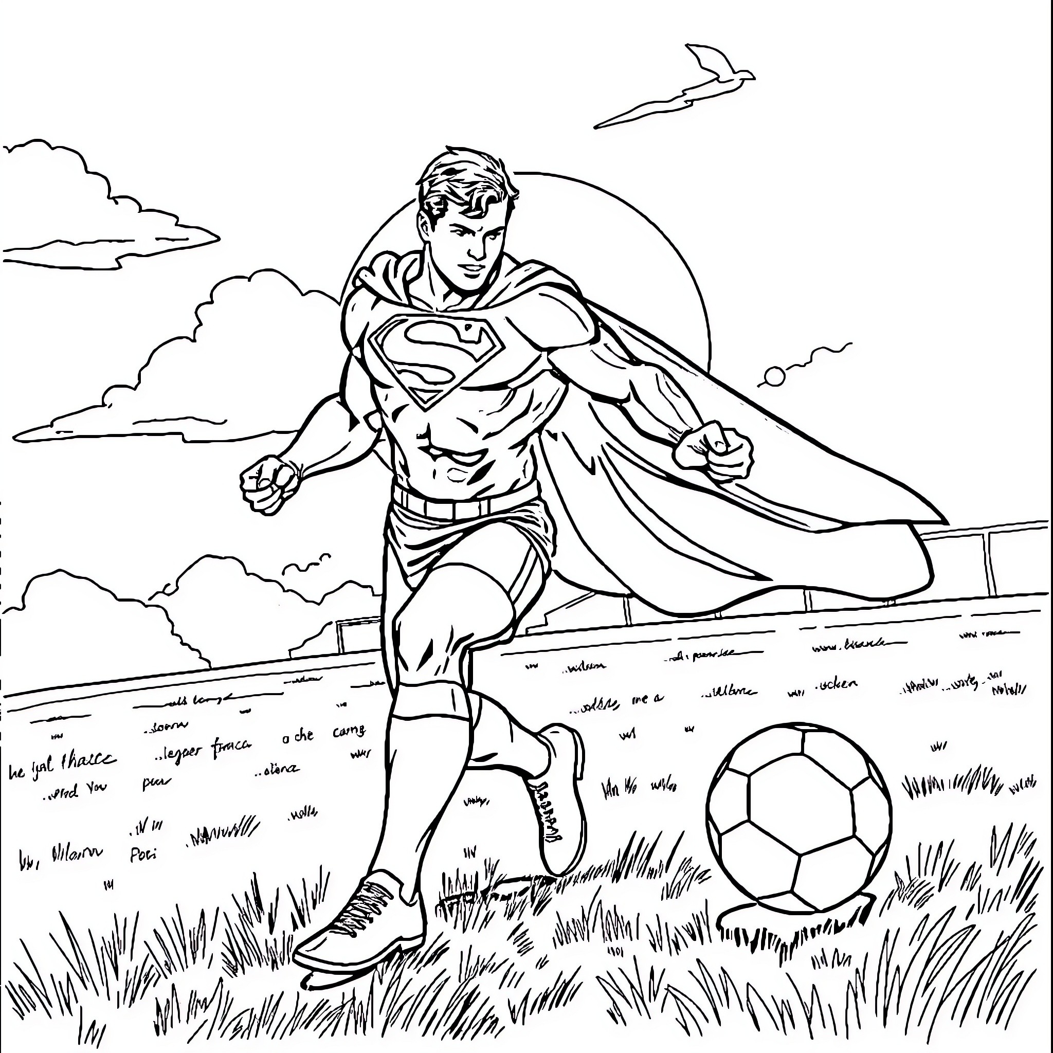 Superman playing soccer in the park Coloring Page (free black-and-white line drawing printable PDF for all, from beginners to advanced learners, including children, teens, adults, and seniors)