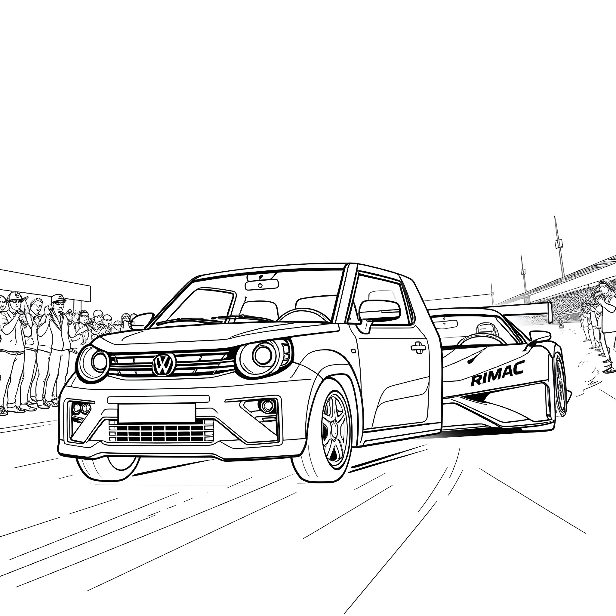 Yugo Car Speeding Through Street Race Coloring Page (free black-and-white line drawing printable PDF for all, from beginners to advanced learners, including children, teens, adults, and seniors)