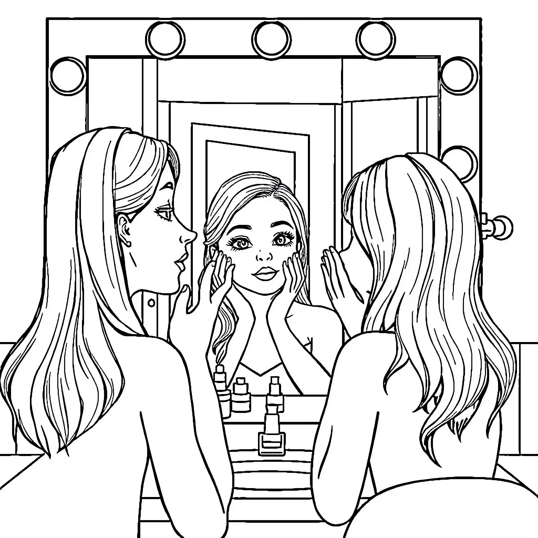 Girl applying makeup in front of mirror Coloring Page (free black-and-white line drawing printable PDF for all, from beginners to advanced learners, including children, teens, adults, and seniors)
