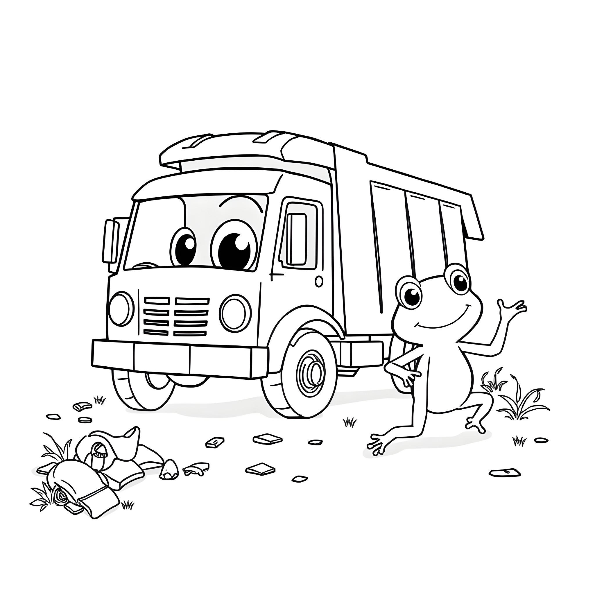 Trash Truck Playing with Friendly Frog Coloring Page (free black-and-white line drawing printable PDF for all, from beginners to advanced learners, including children, teens, adults, and seniors)