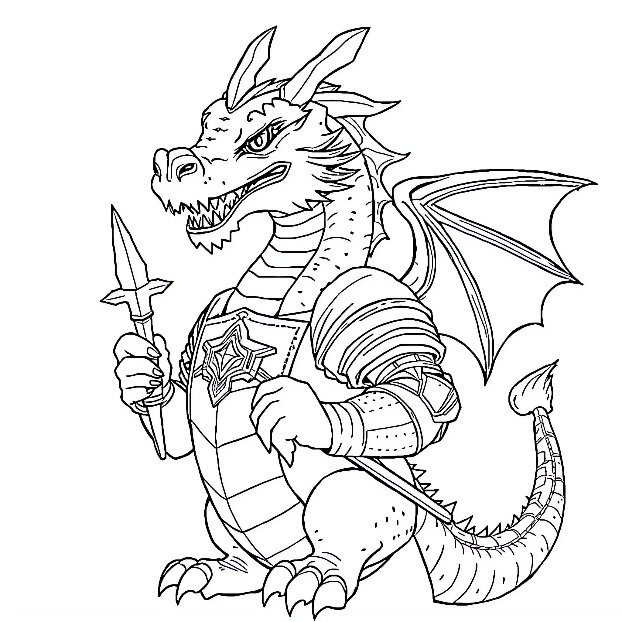 Dracaufeu the fierce dragon warrior with weapon Coloring Page (free black-and-white line drawing printable PDF for all, from beginners to advanced learners, including children, teens, adults, and seniors)
