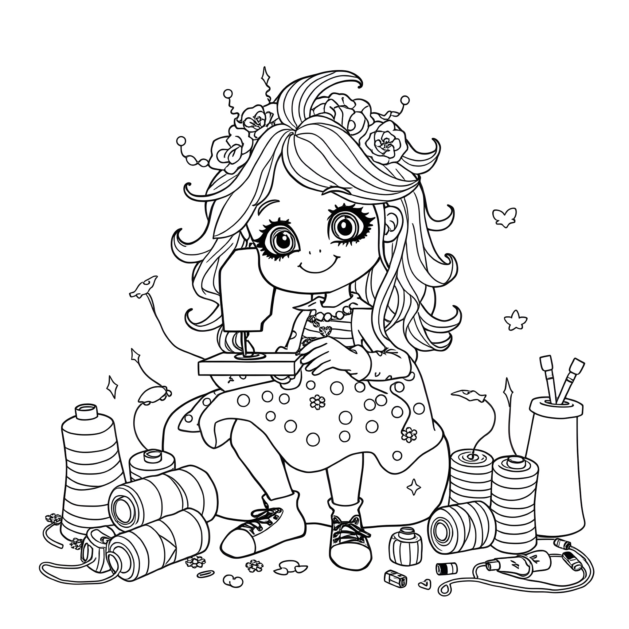 Stitch Crafty Girl with Sewing Supplies Coloring Page (free black-and-white line drawing printable PDF for all, from beginners to advanced learners, including children, teens, adults, and seniors)