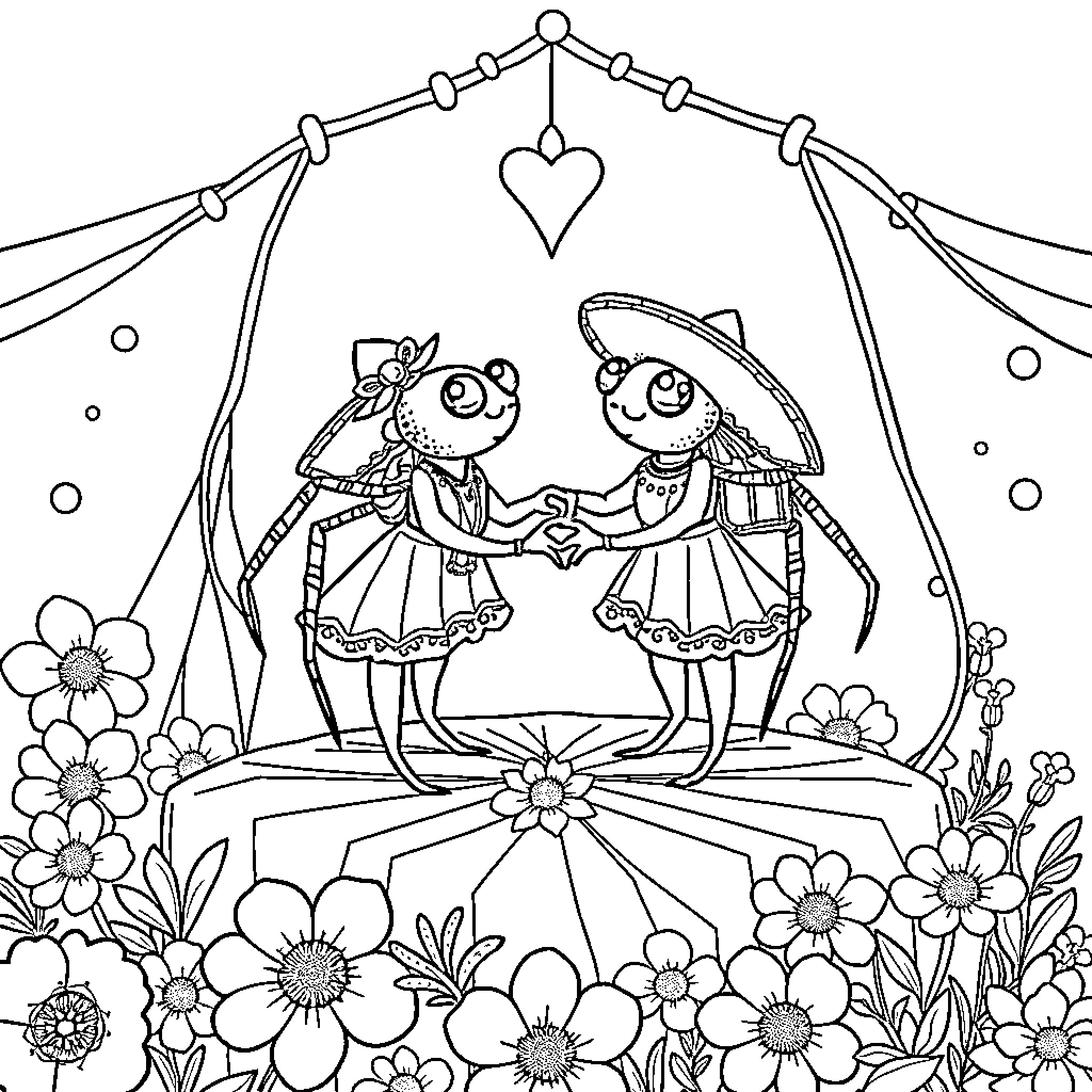 Spider-themed whimsical garden characters dancing Coloring Page (free black-and-white line drawing printable PDF for all, from beginners to advanced learners, including children, teens, adults, and seniors)