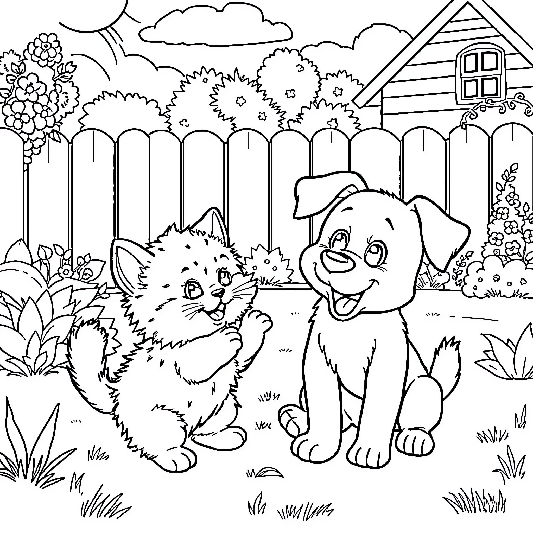 Kitten and puppy playing together in the garden Coloring Page (free black-and-white line drawing printable PDF for all, from beginners to advanced learners, including children, teens, adults, and seniors)