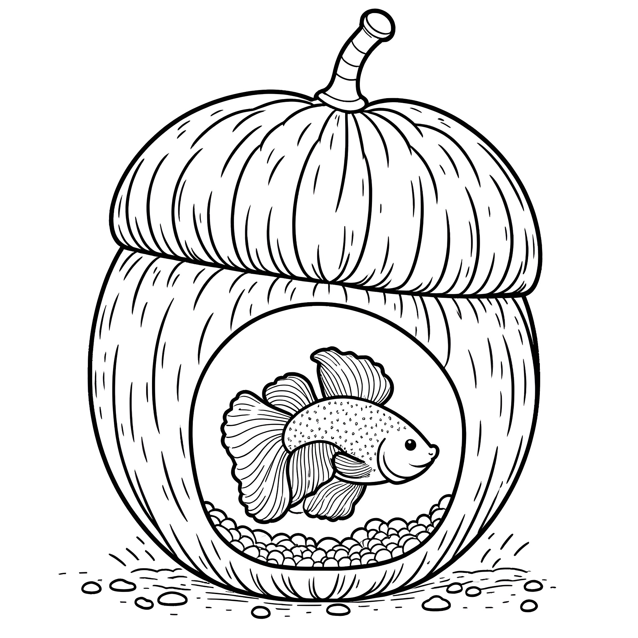 Betta Fish in a Decorated Fishbowl Coloring Page (free black-and-white line drawing printable PDF for all, from beginners to advanced learners, including children, teens, adults, and seniors)