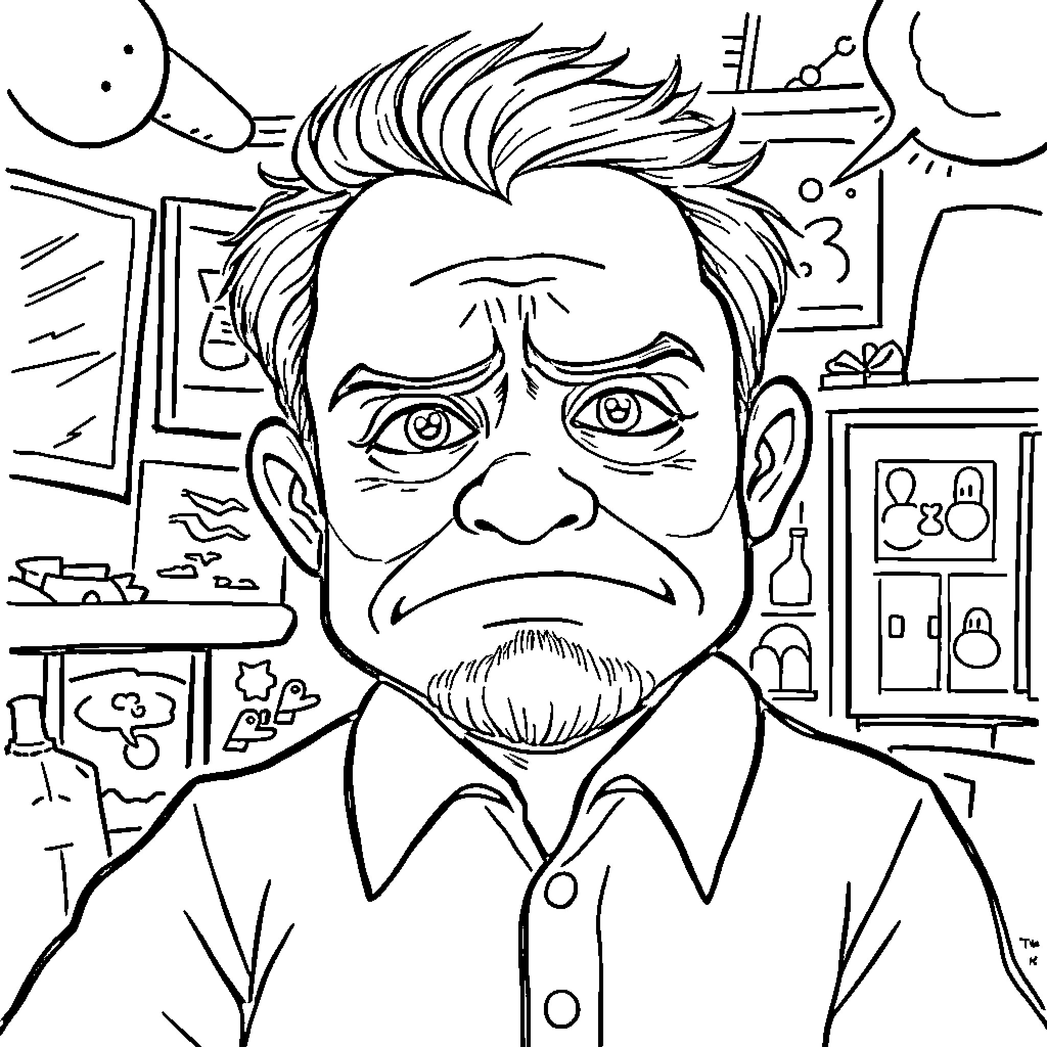 Brother in a serious mood with cluttered room Coloring Page (free black-and-white line drawing printable PDF for all, from beginners to advanced learners, including children, teens, adults, and seniors)