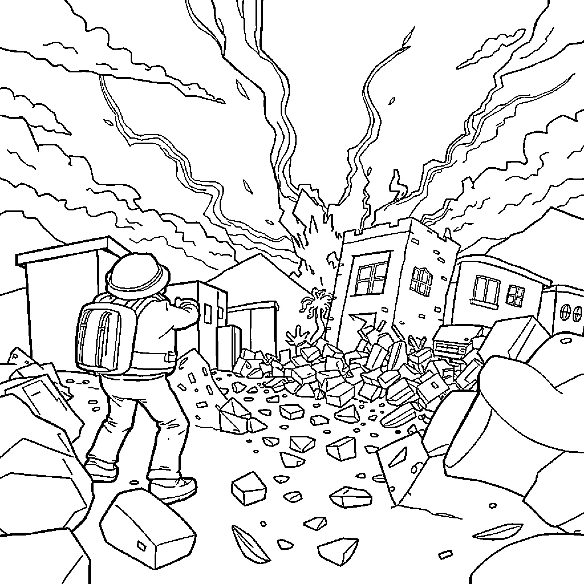 Pedro's Disastrous Earthquake Adventure Coloring Page (free black-and-white line drawing printable PDF for all, from beginners to advanced learners, including children, teens, adults, and seniors)