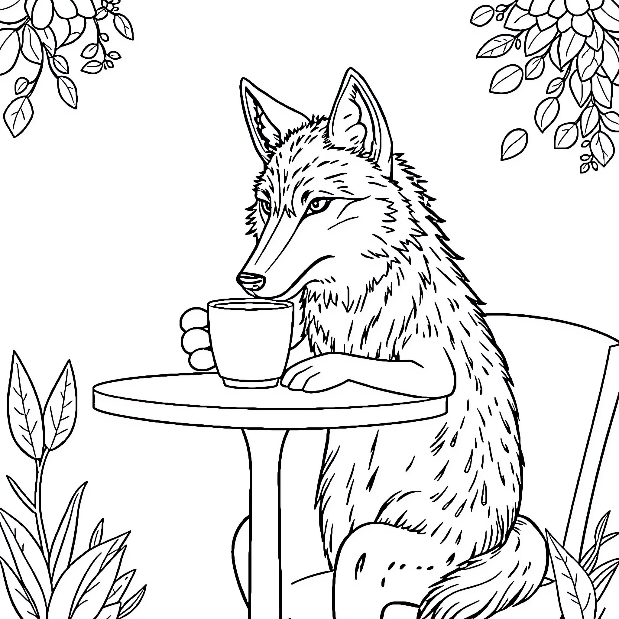 Wolf enjoying a warm cup of tea in the garden Coloring Page (free black-and-white line drawing printable PDF for all, from beginners to advanced learners, including children, teens, adults, and seniors)