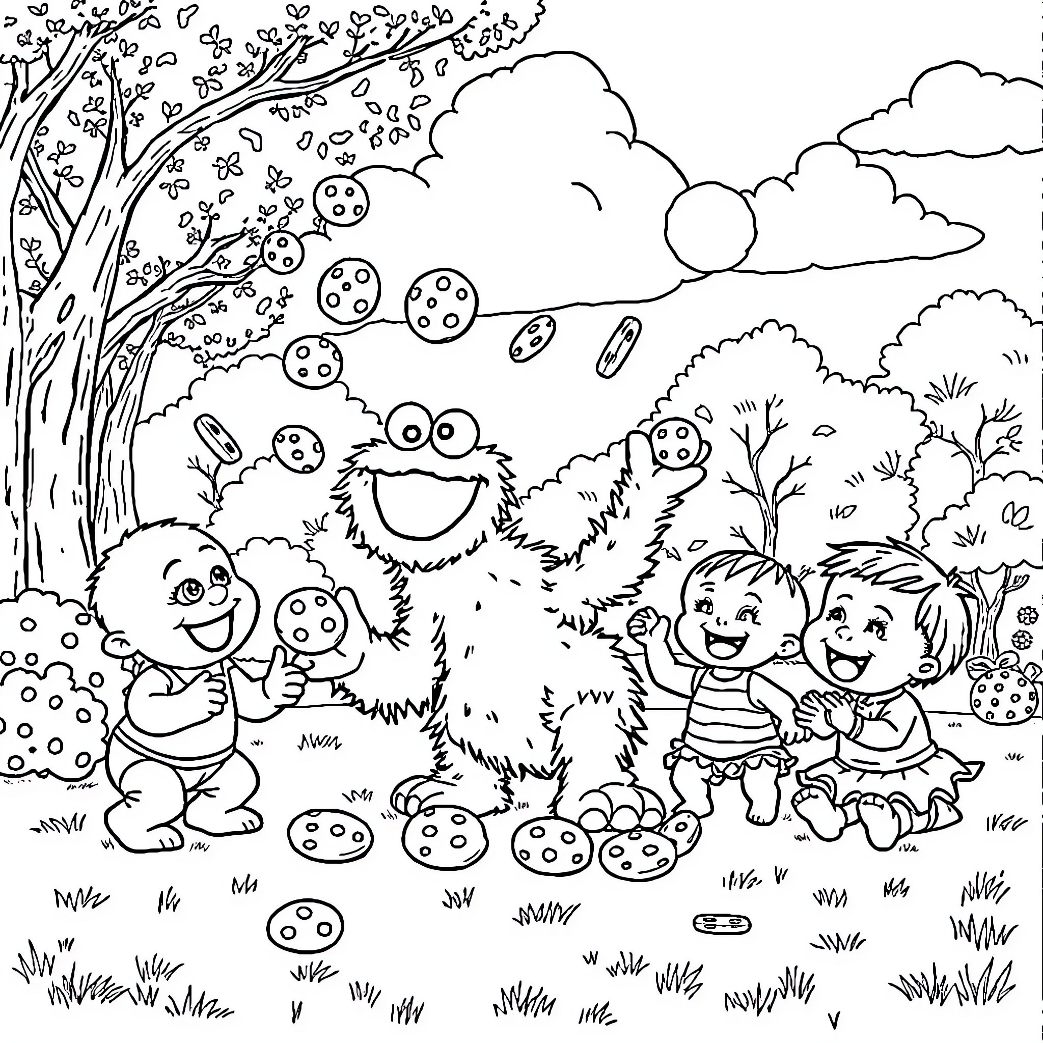 Cookie Monster having fun with friends in the park Coloring Page (free black-and-white line drawing printable PDF for all, from beginners to advanced learners, including children, teens, adults, and seniors)