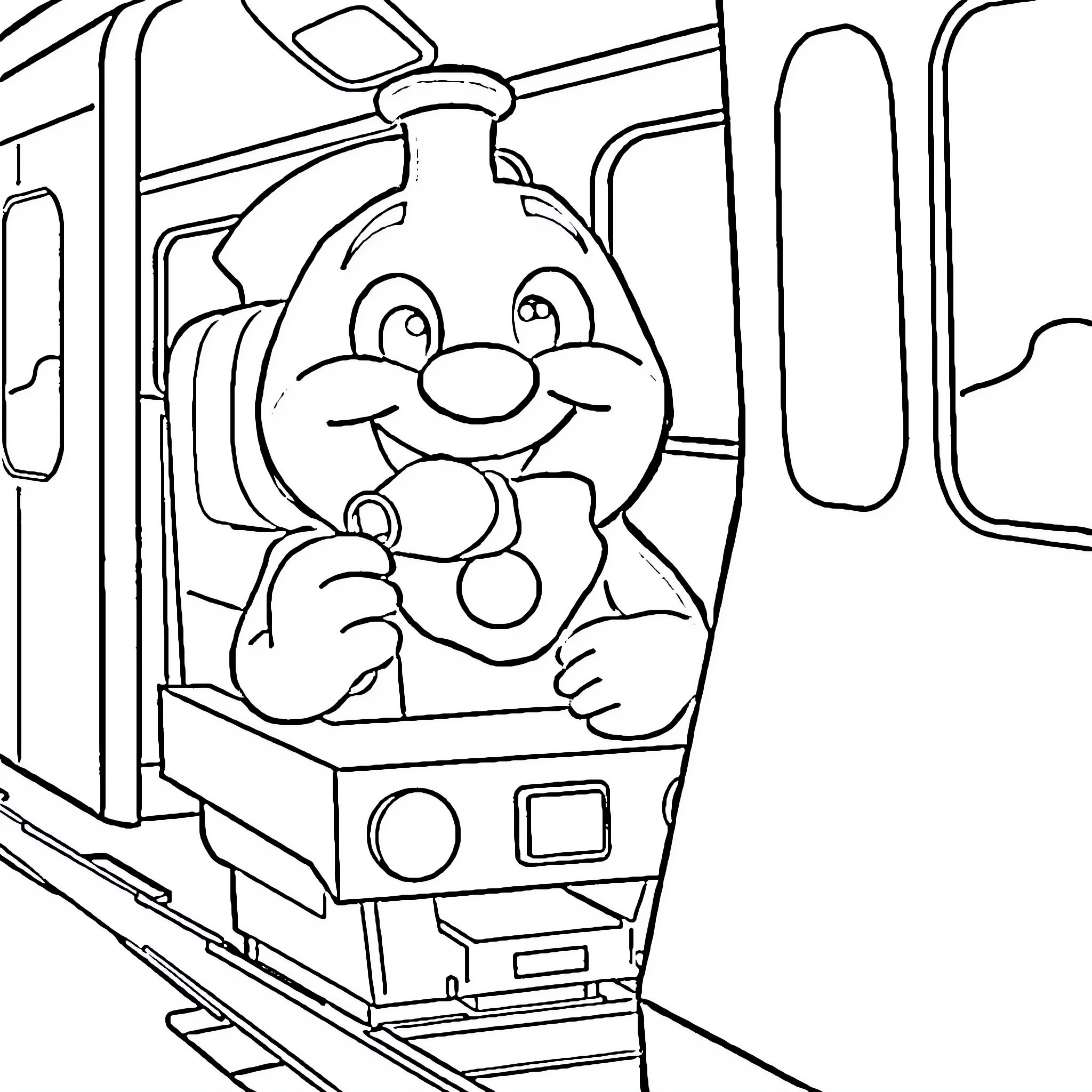 Bluey playing happily in a train Coloring Page (free black-and-white line drawing printable PDF for all, from beginners to advanced learners, including children, teens, adults, and seniors)