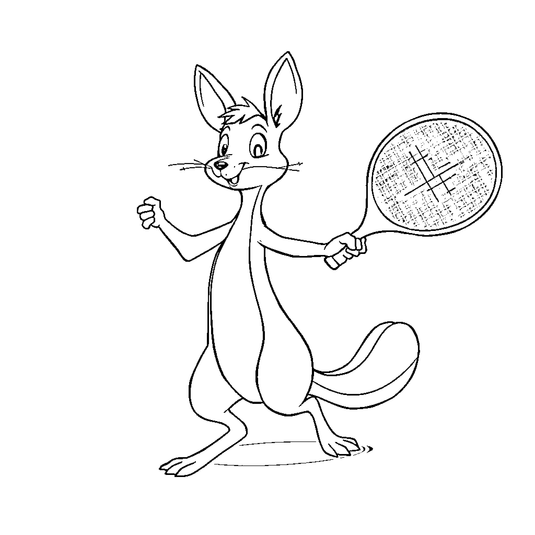 Frog playing tennis happily with racket Coloring Page (free black-and-white line drawing printable PDF for all, from beginners to advanced learners, including children, teens, adults, and seniors)