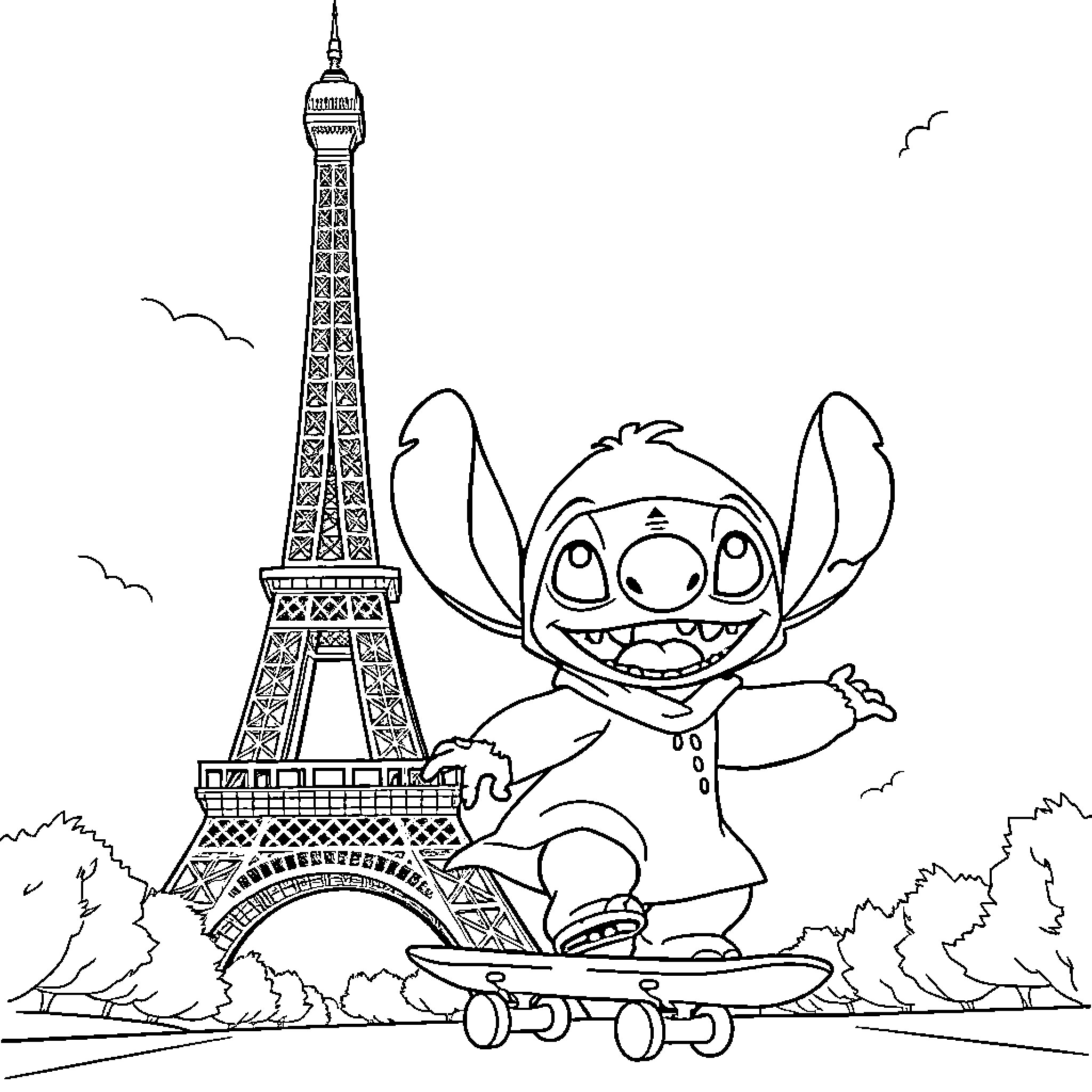 Stitch posing in front of the Eiffel Tower Coloring Page (free black-and-white line drawing printable PDF for all, from beginners to advanced learners, including children, teens, adults, and seniors)