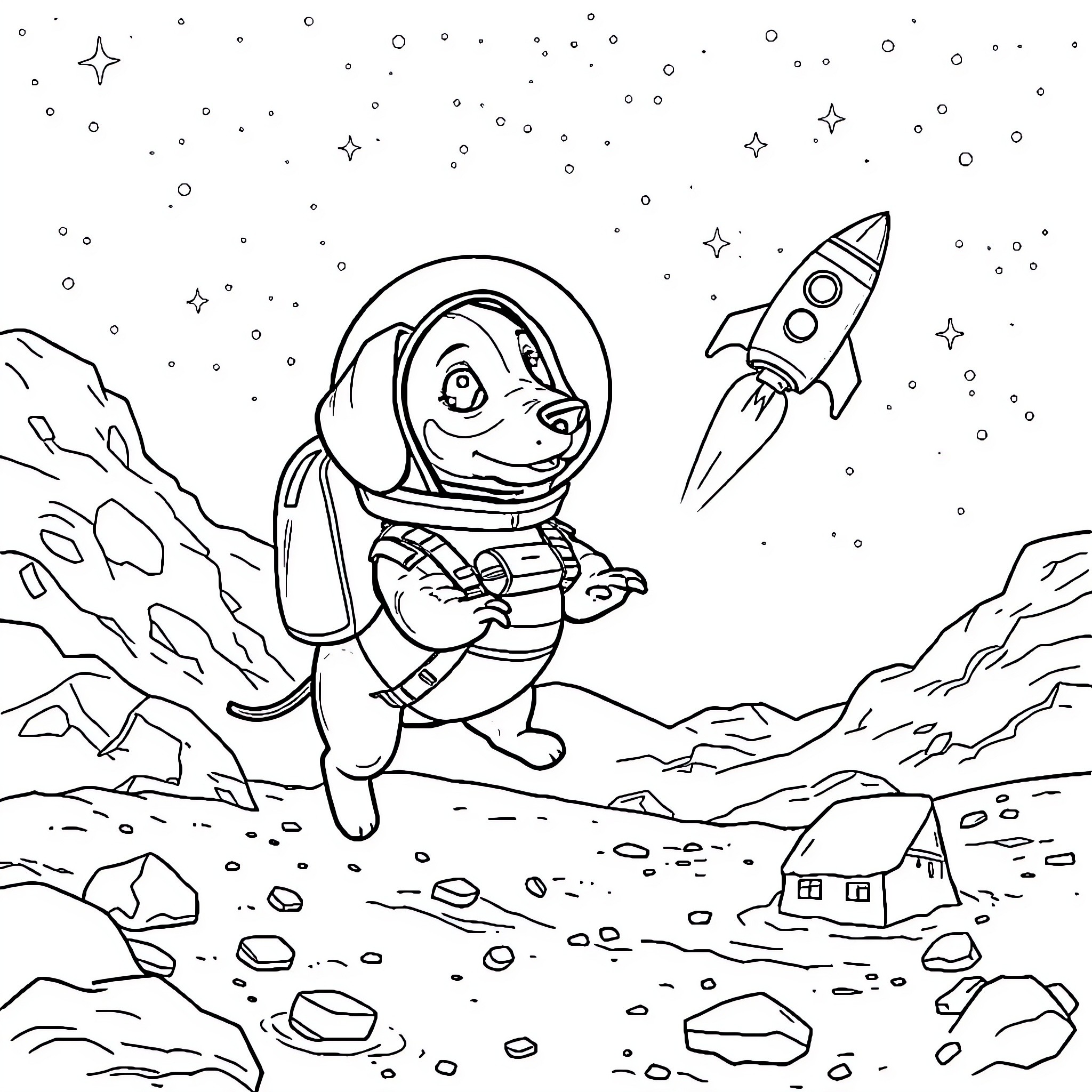 Dachshund astronaut exploring the moon Coloring Page (free black-and-white line drawing printable PDF for all, from beginners to advanced learners, including children, teens, adults, and seniors)