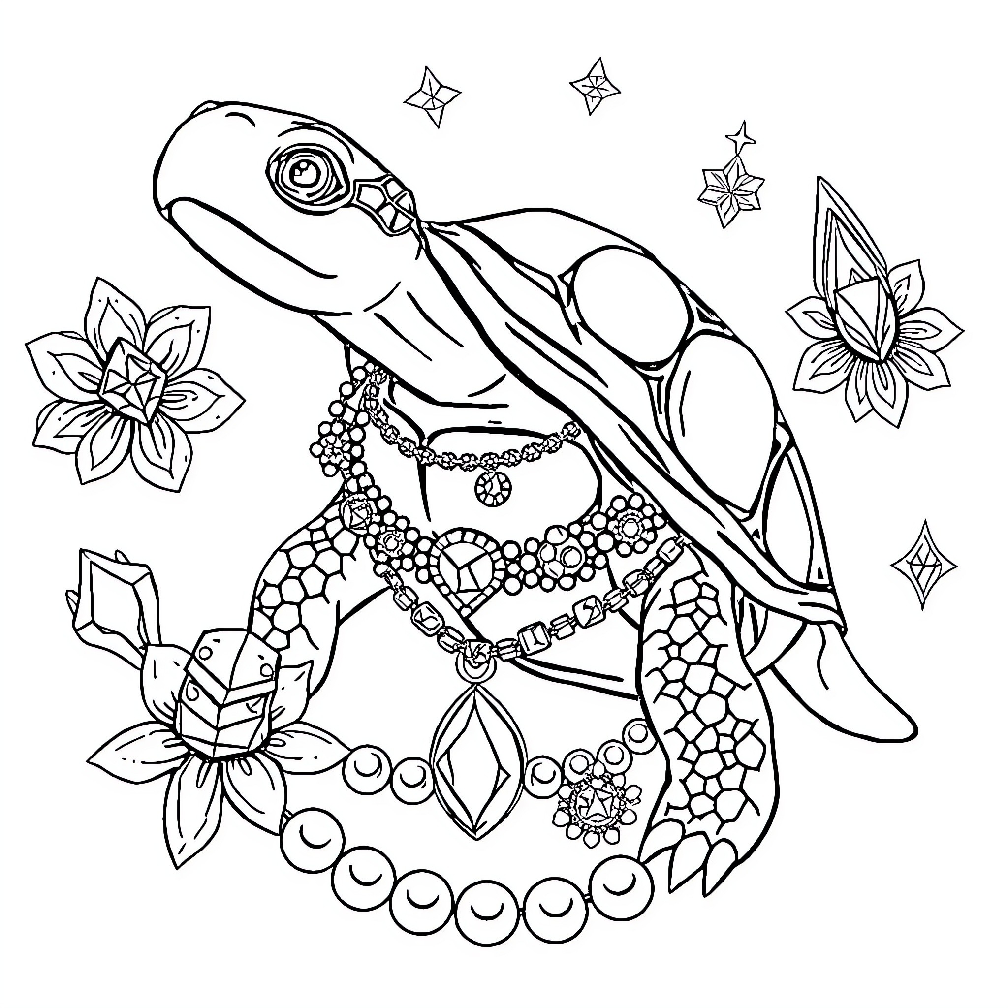 Turtle decorated with floral patterns and gems Coloring Page (free black-and-white line drawing printable PDF for all, from beginners to advanced learners, including children, teens, adults, and seniors)