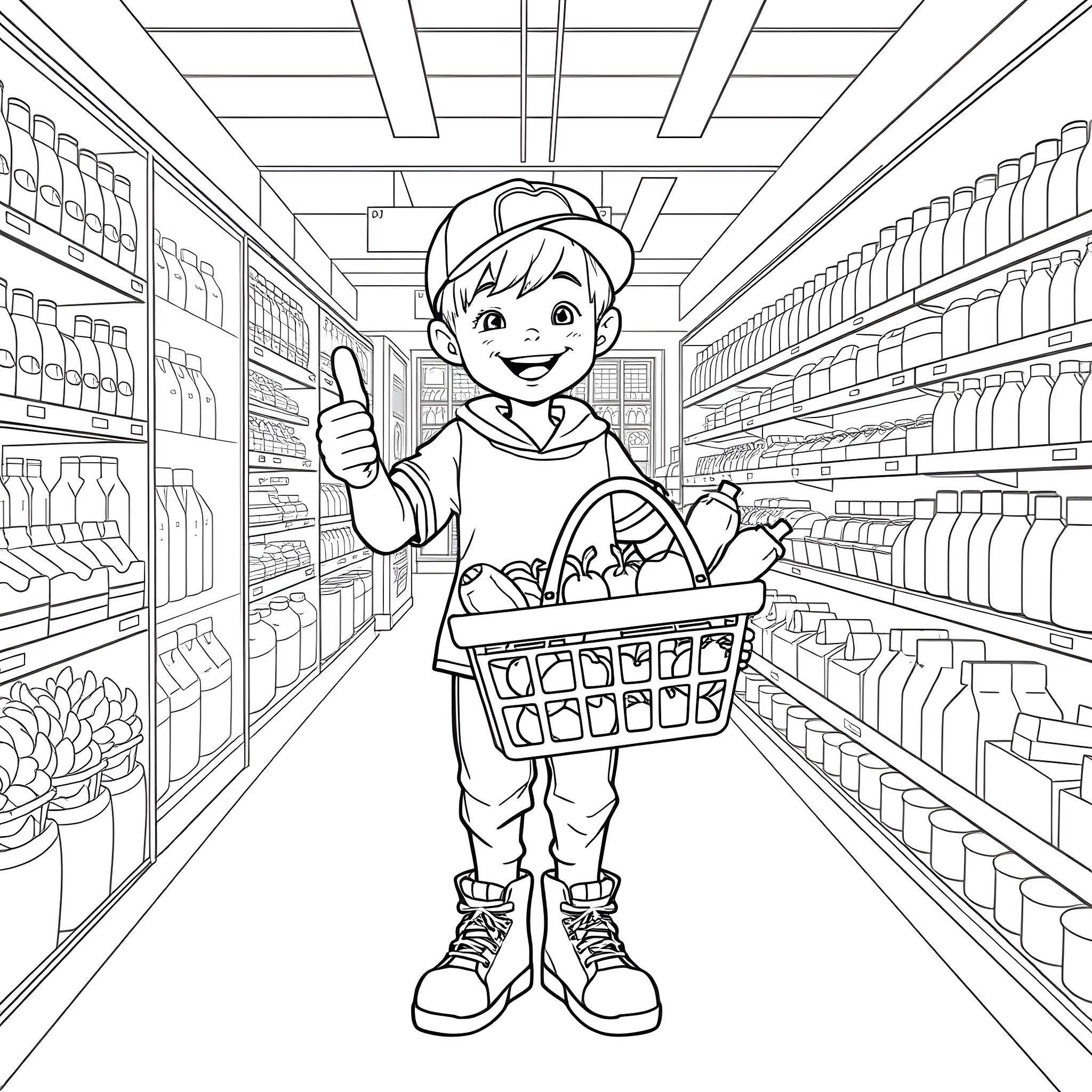 Boy exploring grocery store with shopping cart Coloring Page (free black-and-white line drawing printable PDF for all, from beginners to advanced learners, including children, teens, adults, and seniors)