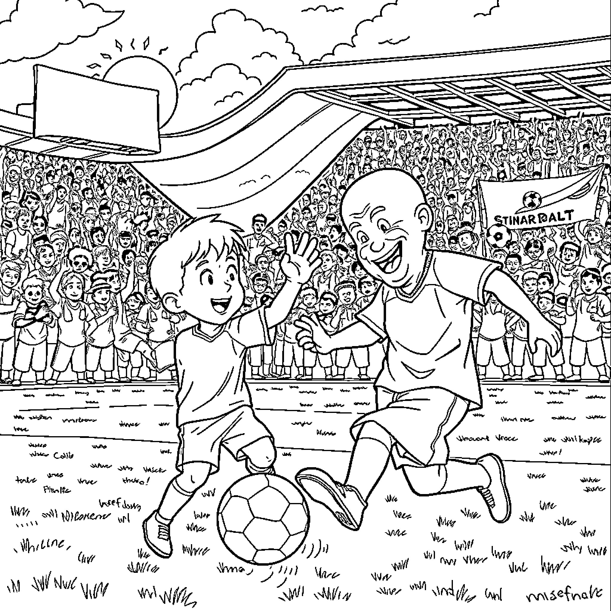 Grandfather and grandson celebrating soccer victory Coloring Page (free black-and-white line drawing printable PDF for all, from beginners to advanced learners, including children, teens, adults, and seniors)