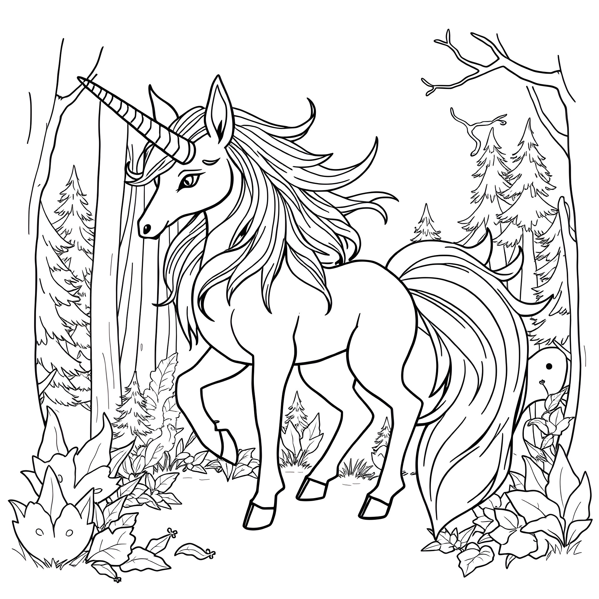 Unicorn Fox exploring the enchanted forest Coloring Page (free black-and-white line drawing printable PDF for all, from beginners to advanced learners, including children, teens, adults, and seniors)