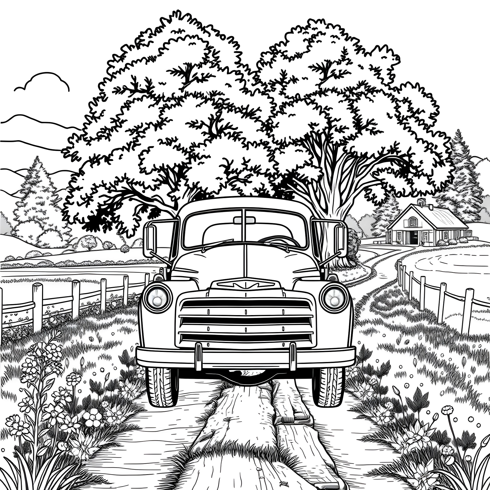 Truck on a rural country road in the countryside Coloring Page (free black-and-white line drawing printable PDF for all, from beginners to advanced learners, including children, teens, adults, and seniors)