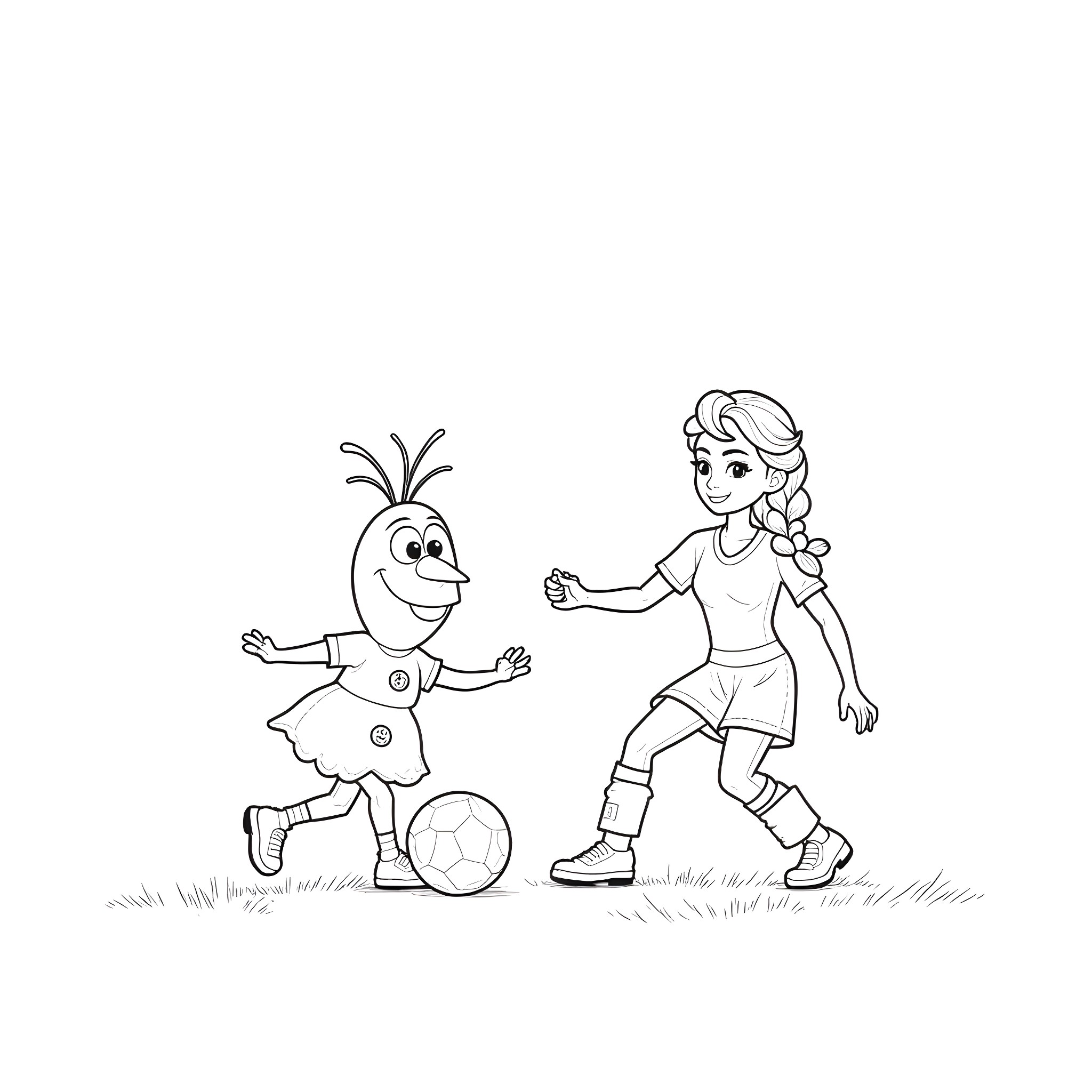Elsa and Olaf playing with a soccer ball Coloring Page (free black-and-white line drawing printable PDF for all, from beginners to advanced learners, including children, teens, adults, and seniors)