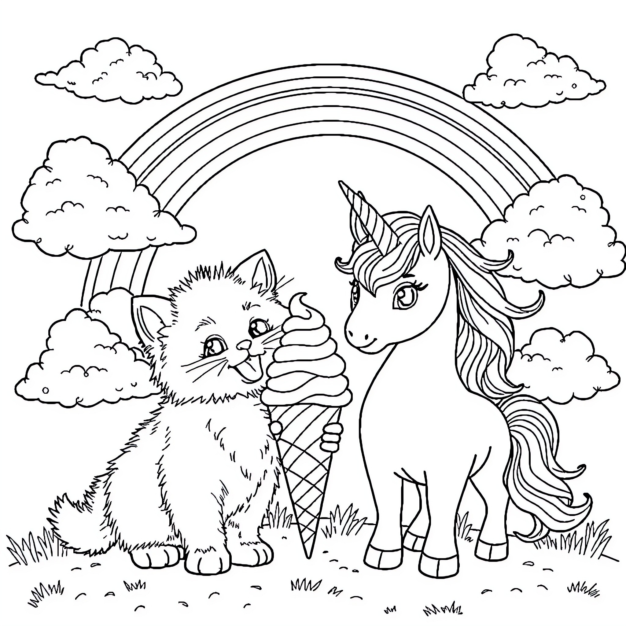 Ice Cream with Unicorn and Kitten in the Clouds Coloring Page (free black-and-white line drawing printable PDF for all, from beginners to advanced learners, including children, teens, adults, and seniors)