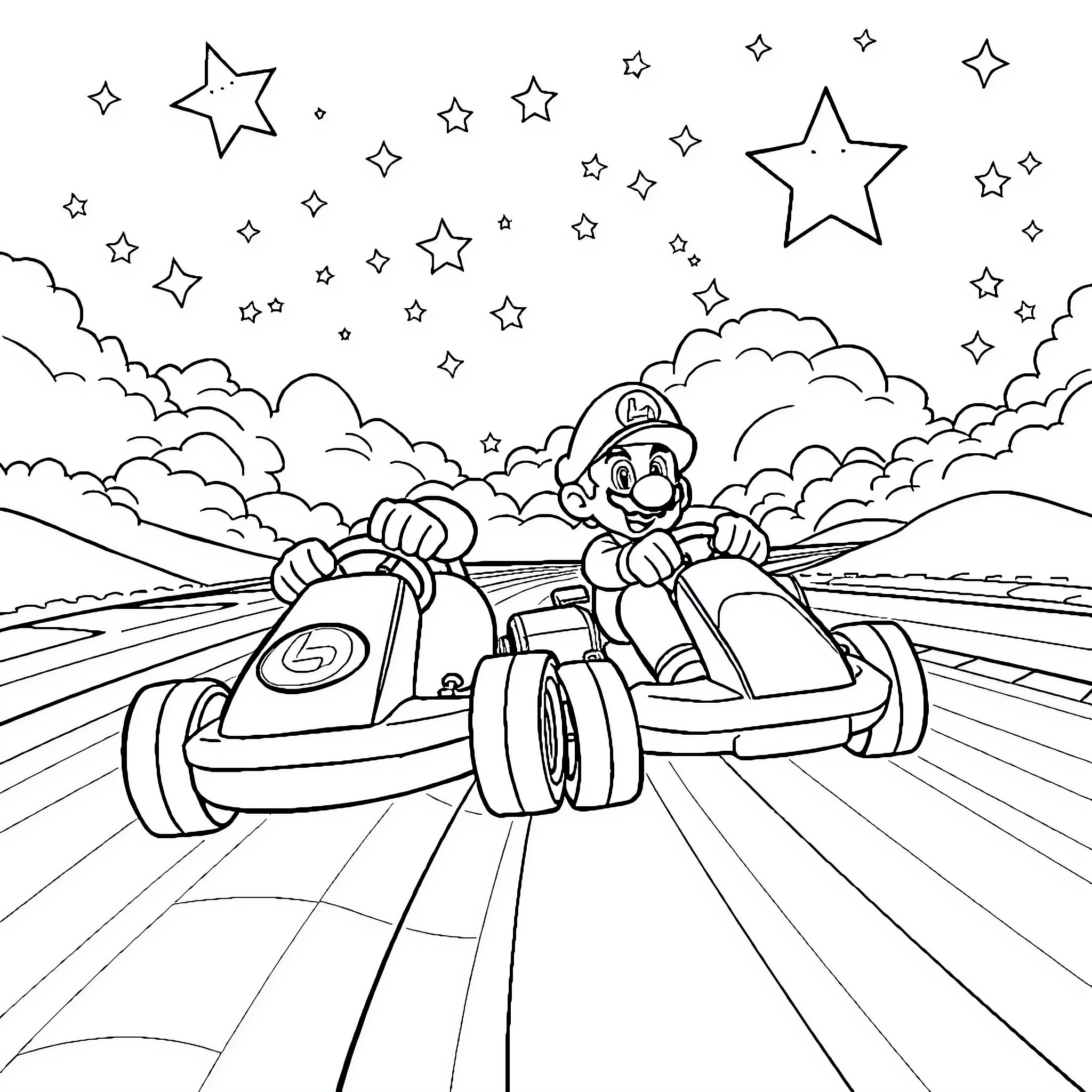 Mario Racing Through the Starry Night Sky Coloring Page (free black-and-white line drawing printable PDF for all, from beginners to advanced learners, including children, teens, adults, and seniors)