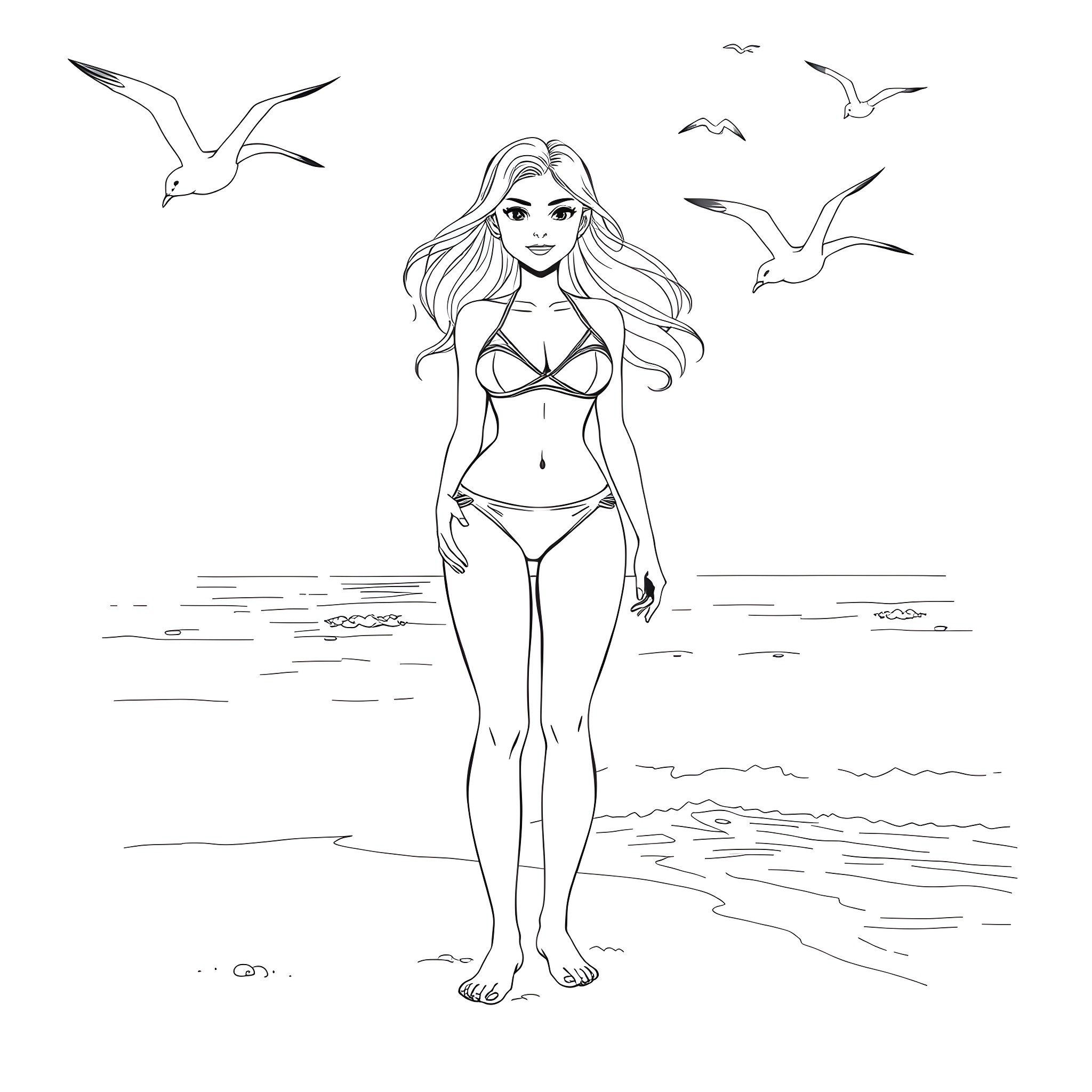 Girl in swimsuit on the beach with seagulls Coloring Page (free black-and-white line drawing printable PDF for all, from beginners to advanced learners, including children, teens, adults, and seniors)