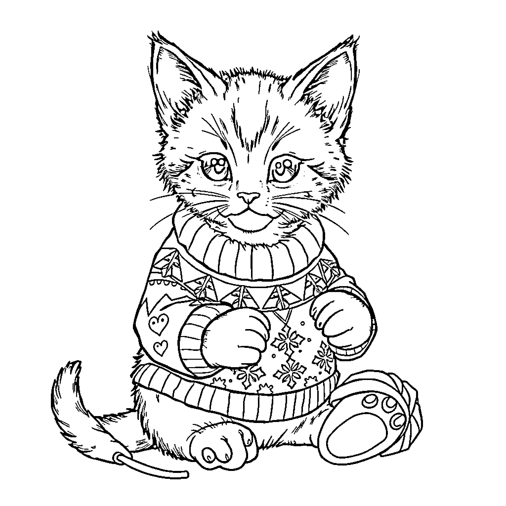 Kitten wearing a patterned sweater Coloring Page (free black-and-white line drawing printable PDF for all, from beginners to advanced learners, including children, teens, adults, and seniors)