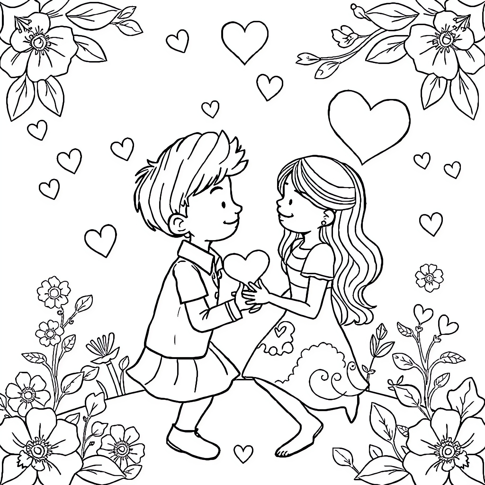 Love and Friendship: Couple embracing in a floral garden Coloring Page (free black-and-white line drawing printable PDF for all, from beginners to advanced learners, including children, teens, adults, and seniors)
