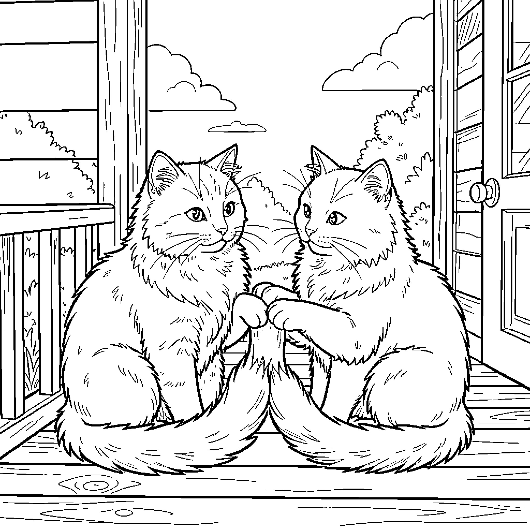 Cats Sitting Together by the Window Coloring Page (free black-and-white line drawing printable PDF for all, from beginners to advanced learners, including children, teens, adults, and seniors)