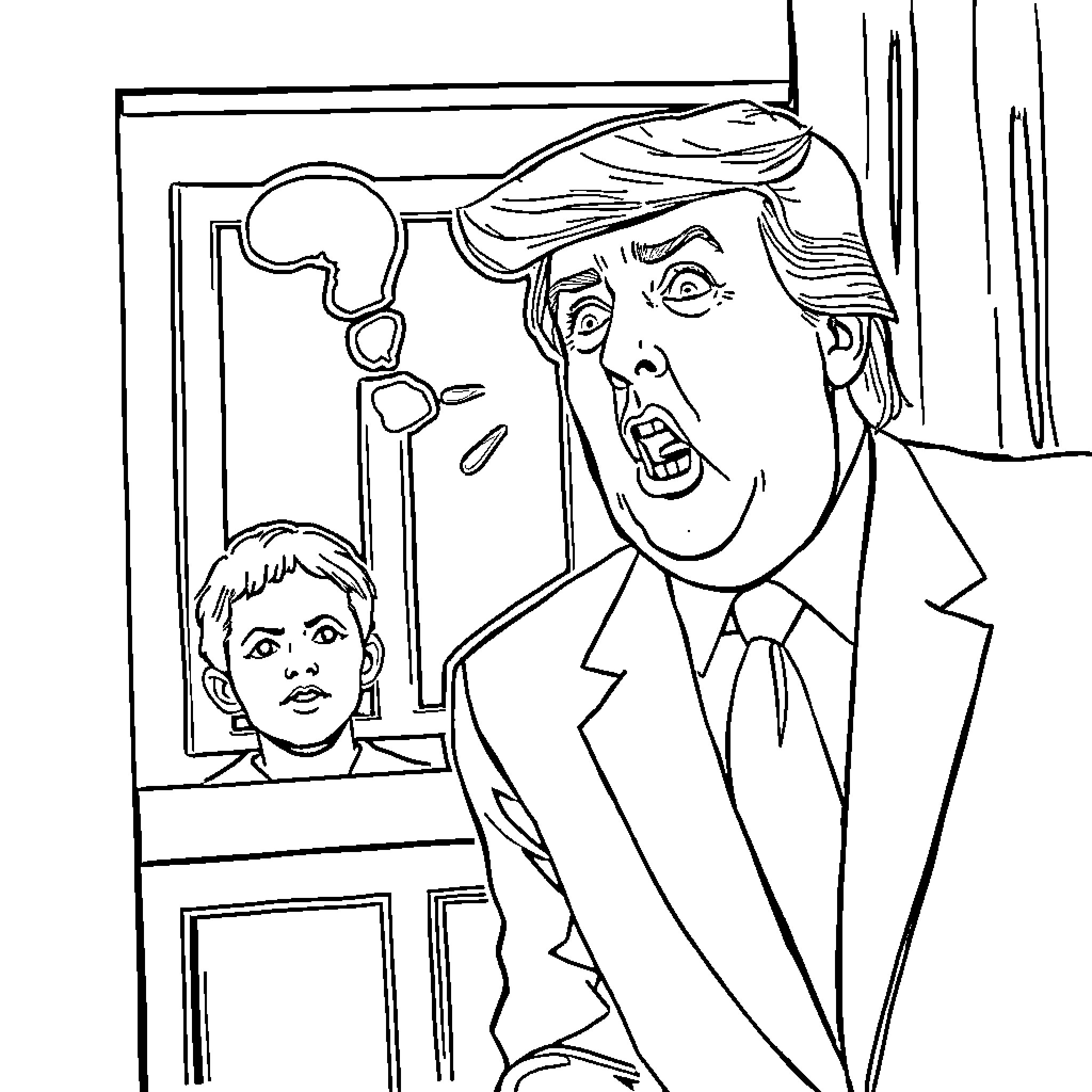 Trump's Passionate Outburst in the Oval Office Coloring Page (free black-and-white line drawing printable PDF for all, from beginners to advanced learners, including children, teens, adults, and seniors)