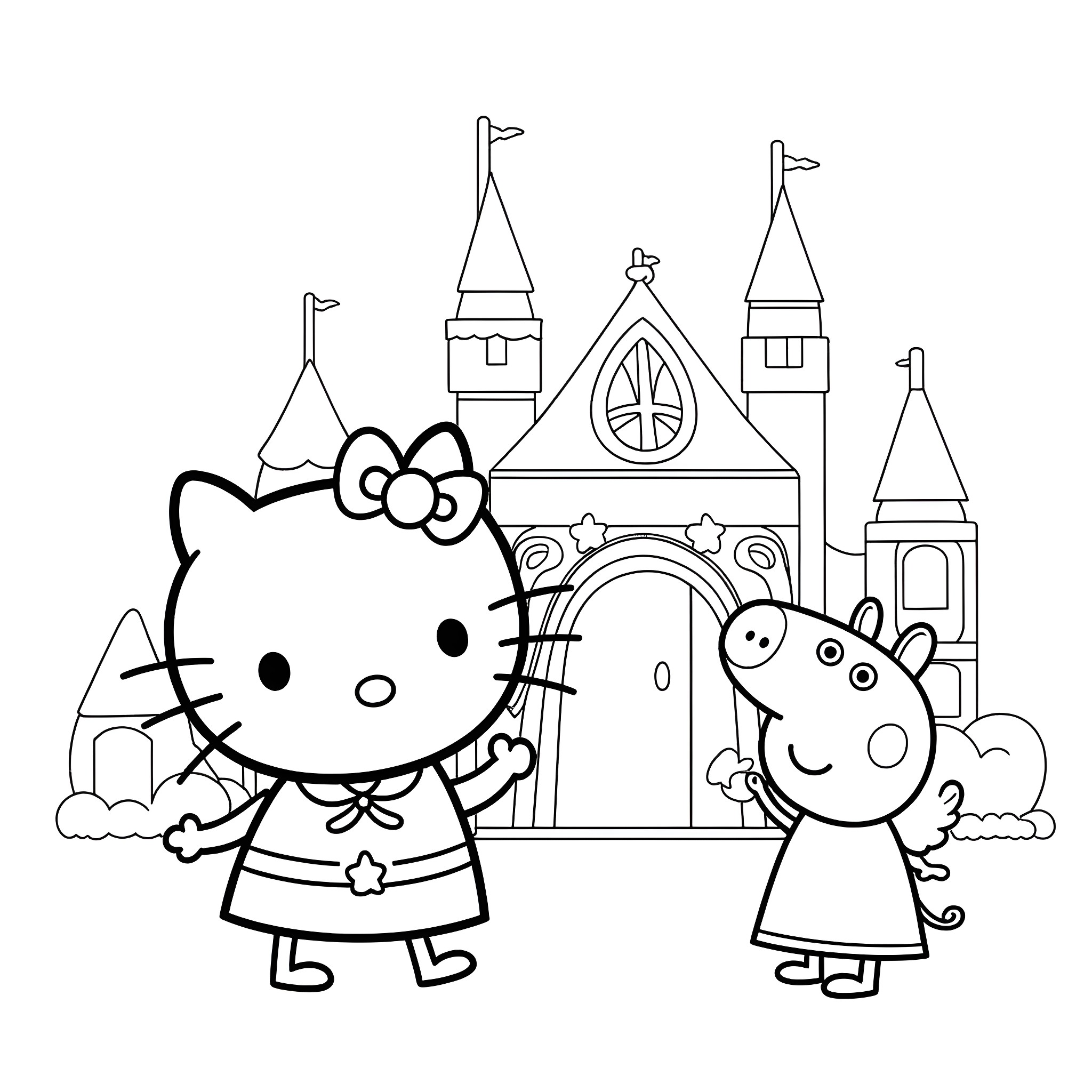 Hello Kitty and Friends Explore the Castle Coloring Page (free black-and-white line drawing printable PDF for all, from beginners to advanced learners, including children, teens, adults, and seniors)