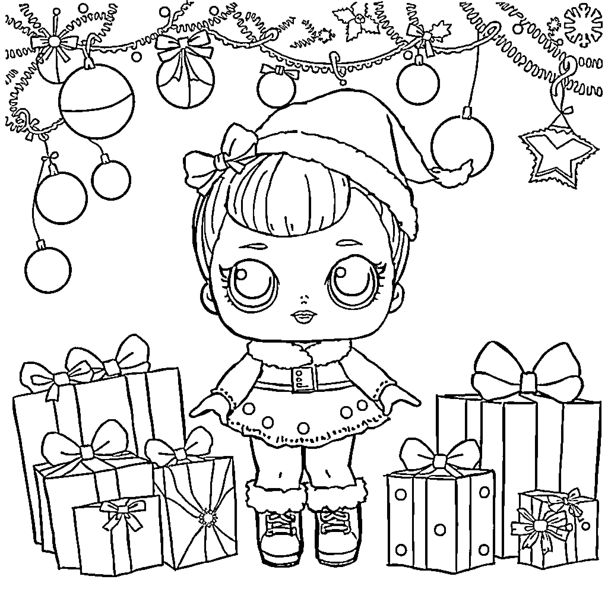 L.O.L Surprise Doll surrounded by holiday decorations and gifts Coloring Page (free black-and-white line drawing printable PDF for all, from beginners to advanced learners, including children, teens, adults, and seniors)