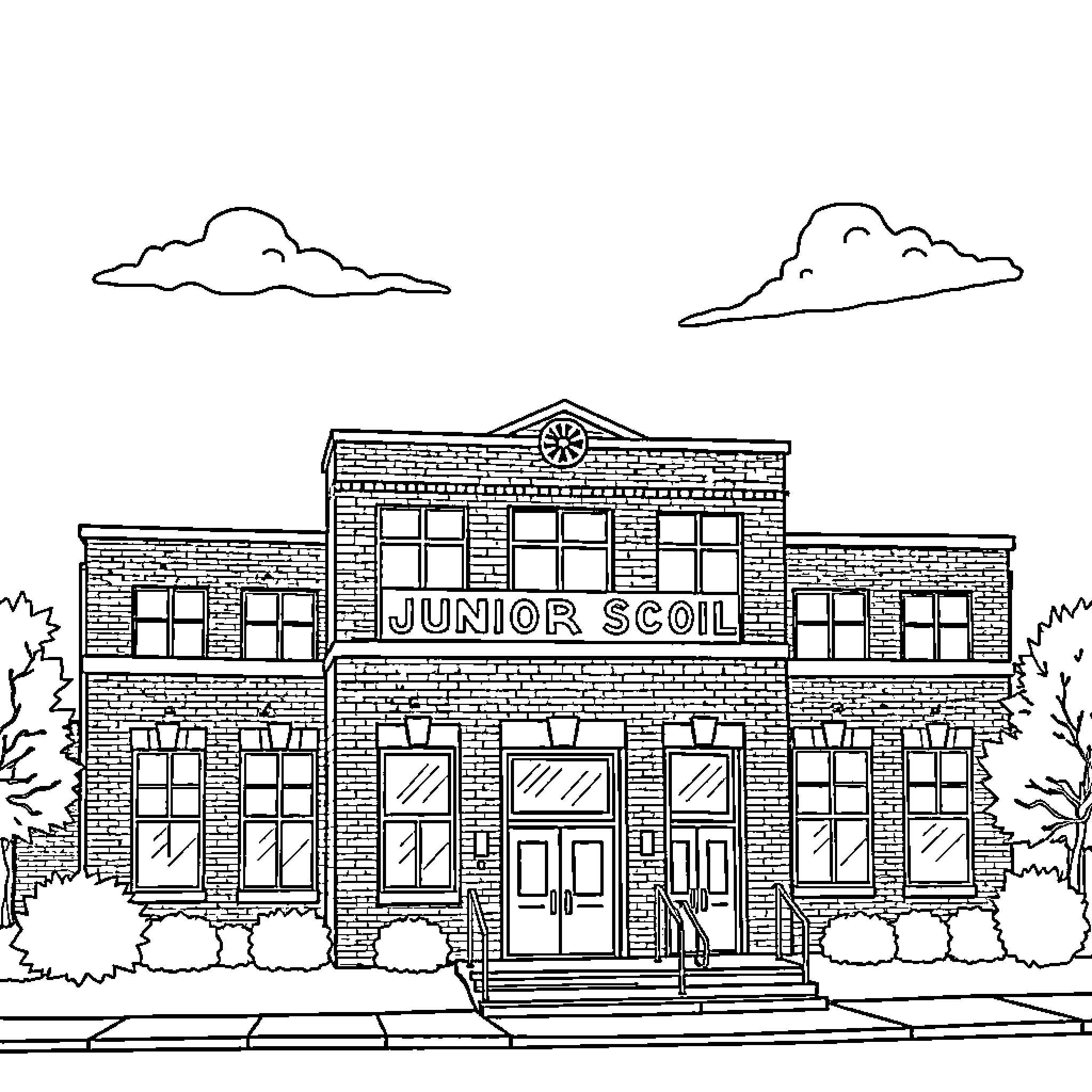 Degrassi Jr High - School Building Scene Coloring Page (free black-and-white line drawing printable PDF for all, from beginners to advanced learners, including children, teens, adults, and seniors)