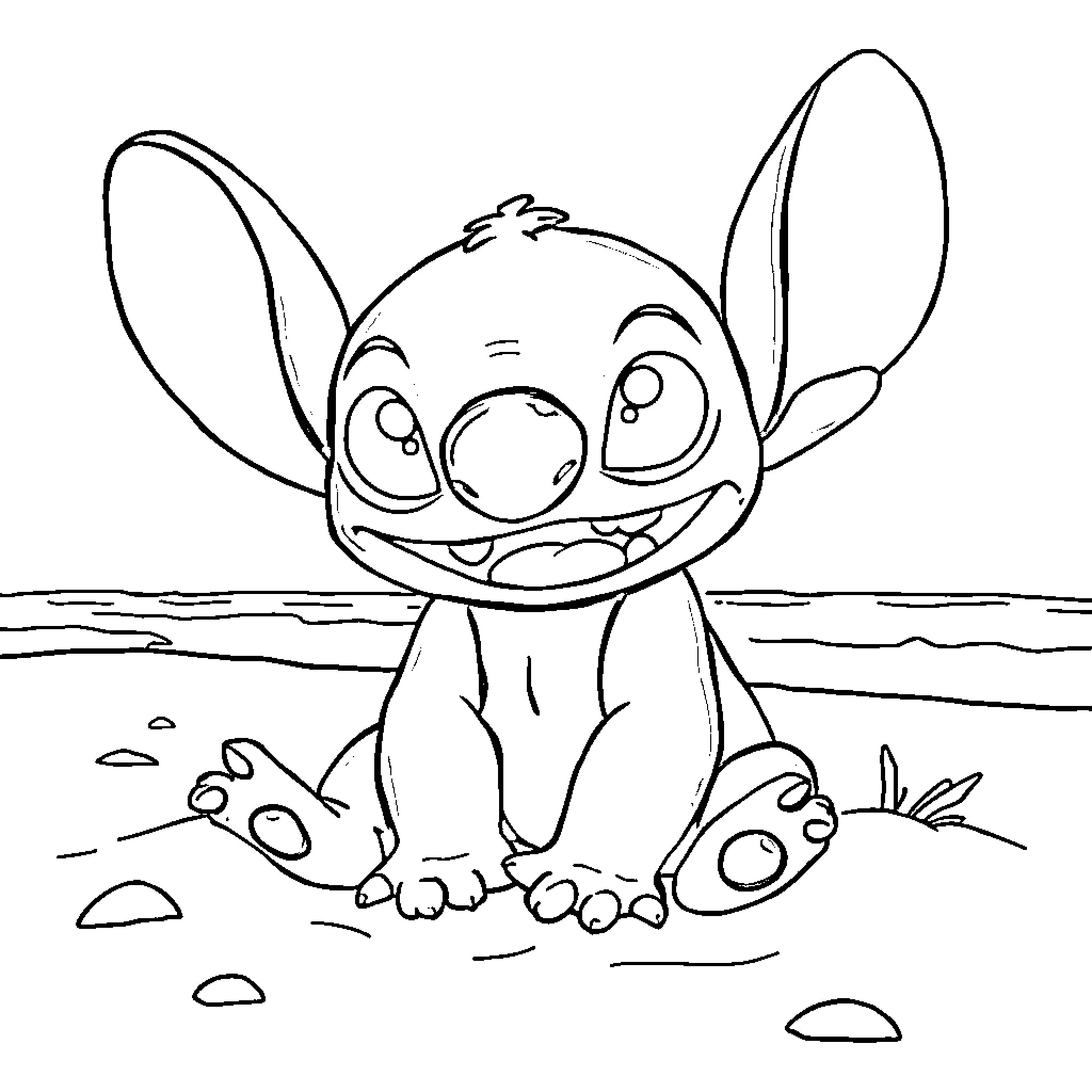 Stitch enjoys the beach Coloring Page (free black-and-white line drawing printable PDF for all, from beginners to advanced learners, including children, teens, adults, and seniors)