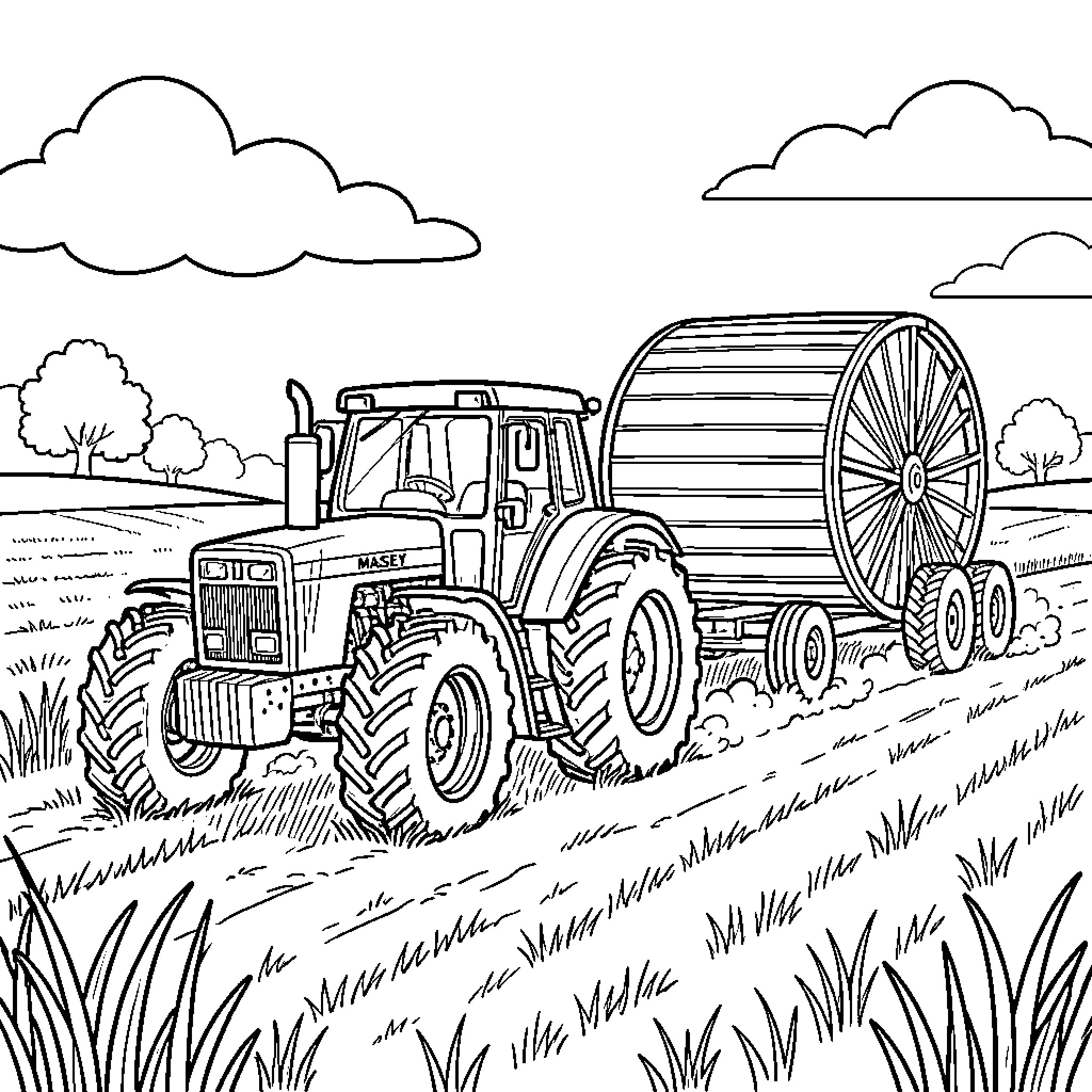 Tractor pulling a large farm implement through a field Coloring Page (free black-and-white line drawing printable PDF for all, from beginners to advanced learners, including children, teens, adults, and seniors)
