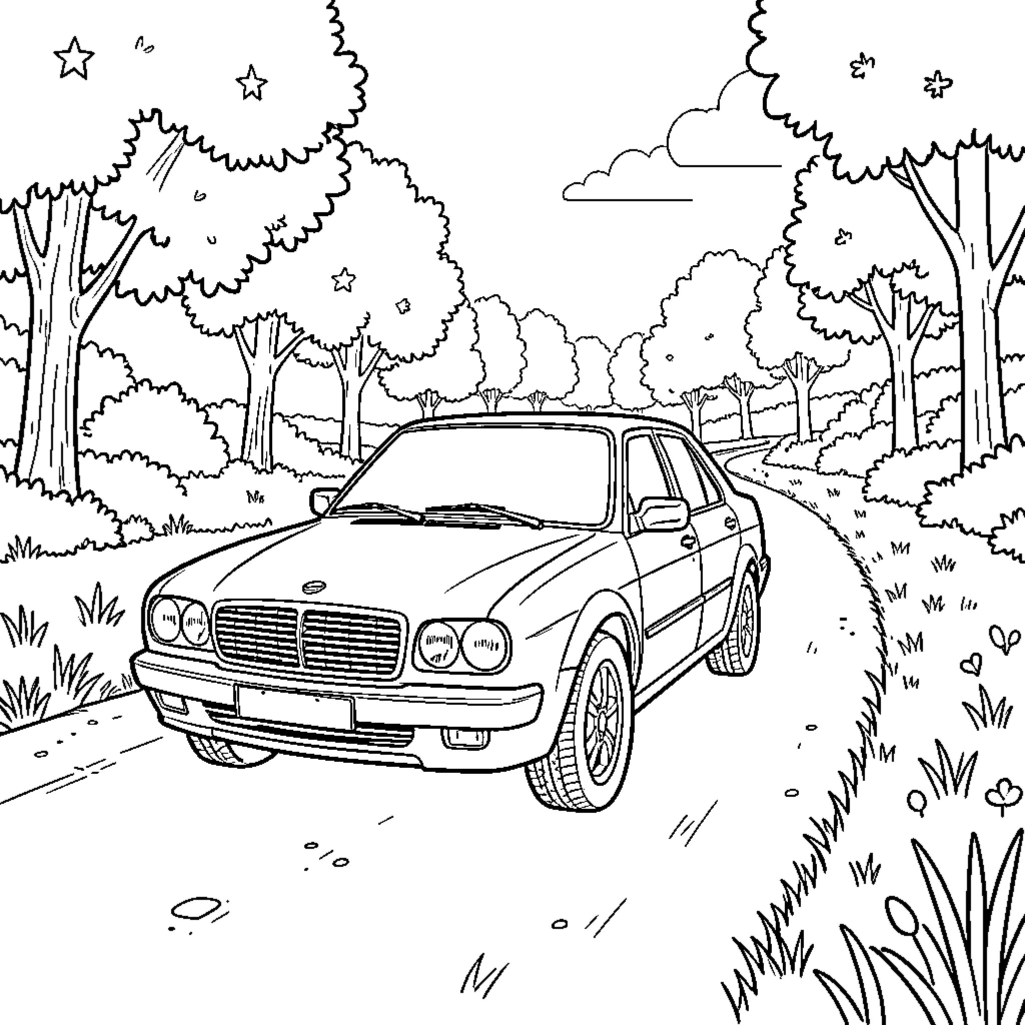 Car driving along a winding road through trees Coloring Page (free black-and-white line drawing printable PDF for all, from beginners to advanced learners, including children, teens, adults, and seniors)